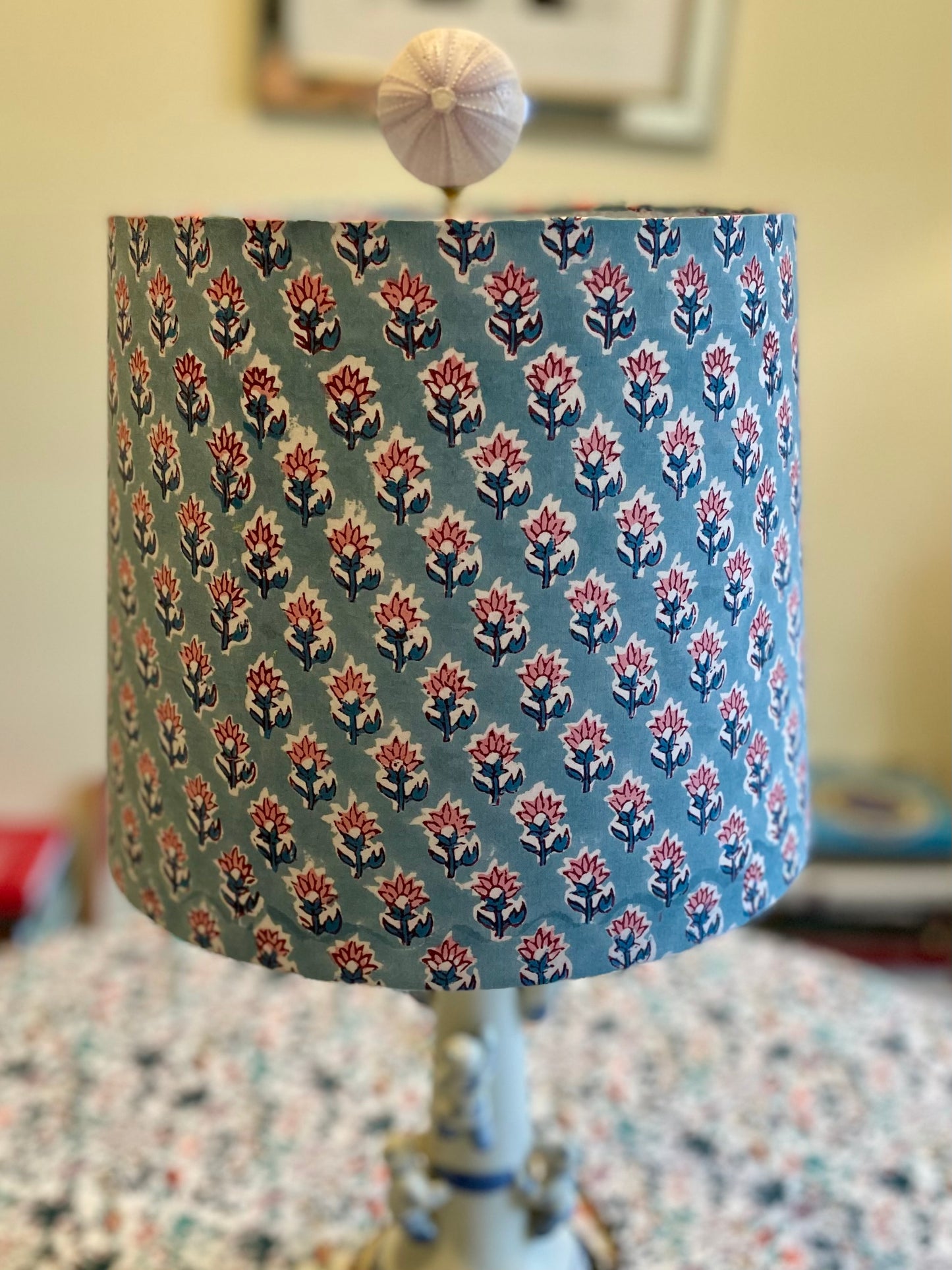 Medium Empire Shade. Indian Hand Block Print. French Blue with Coral Pink Buti Motif.