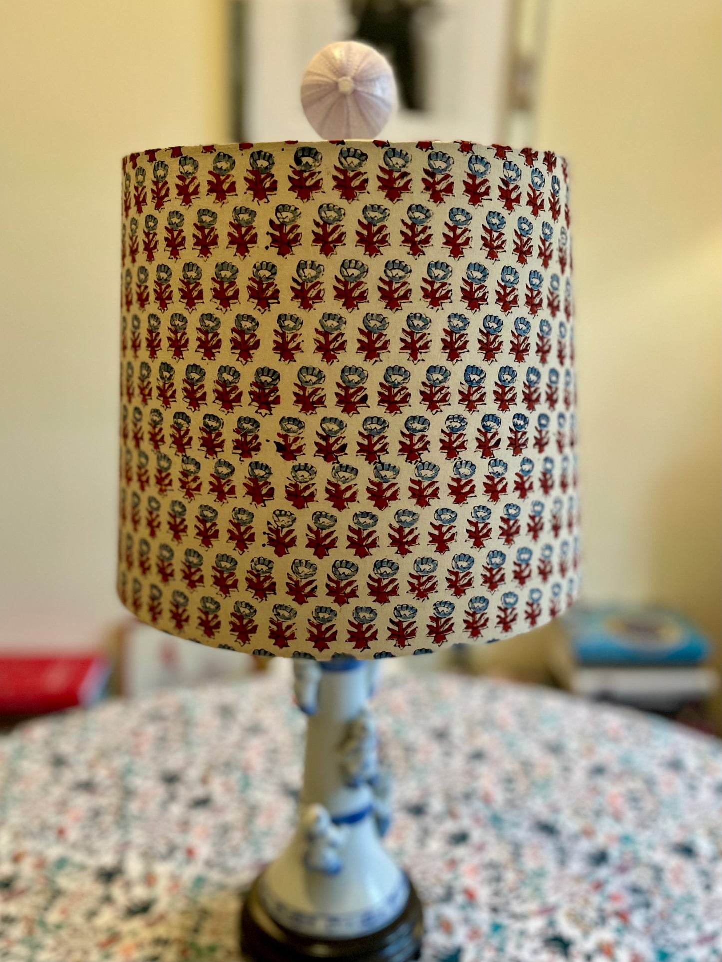 Medium Empire Shade. Sanganeri Hand Block print from India. Slate Blue and Deep Scarlet Floral on Ivory.