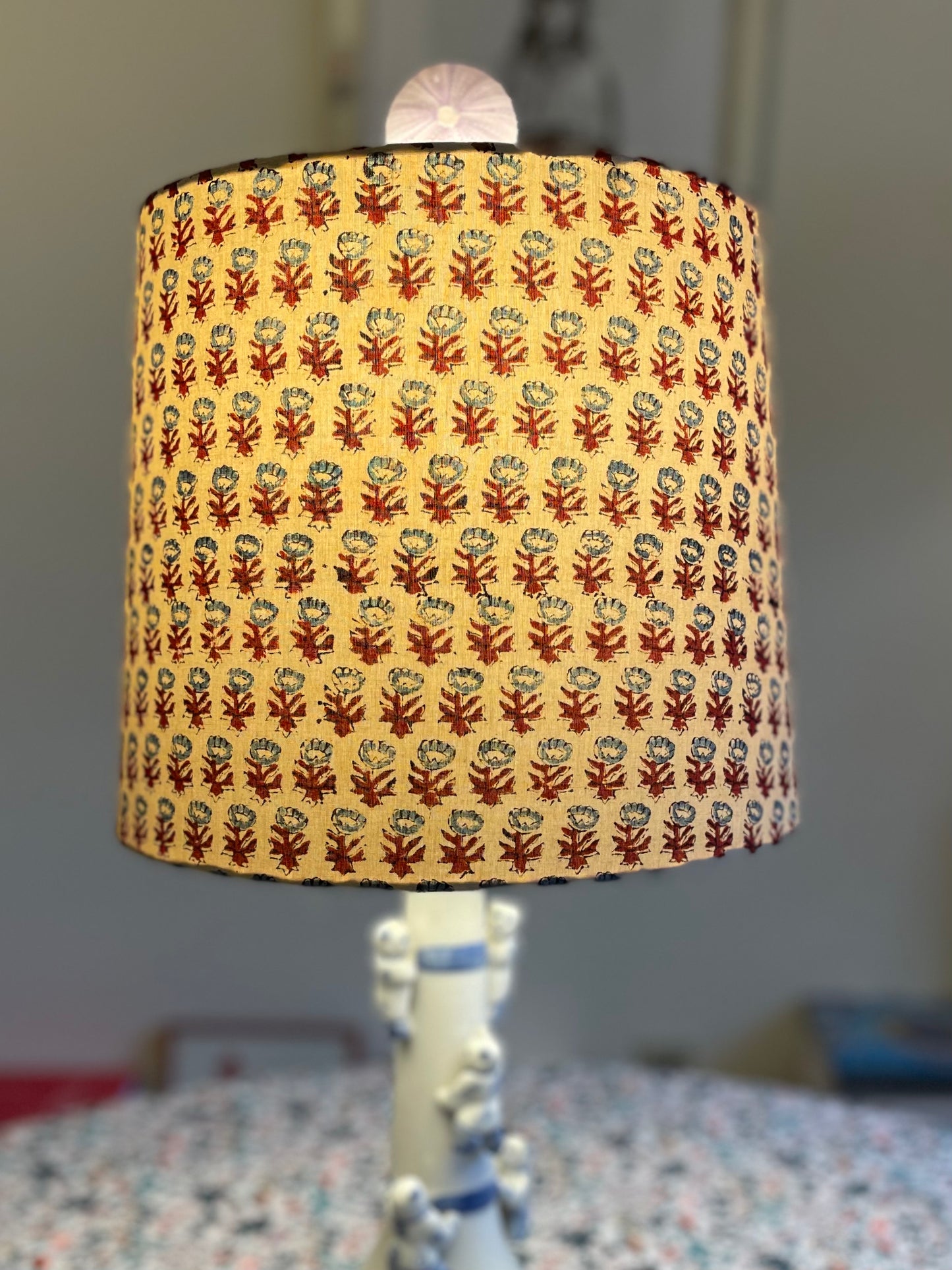 Medium Empire Shade. Sanganeri Hand Block print from India. Slate Blue and Deep Scarlet Floral on Ivory.