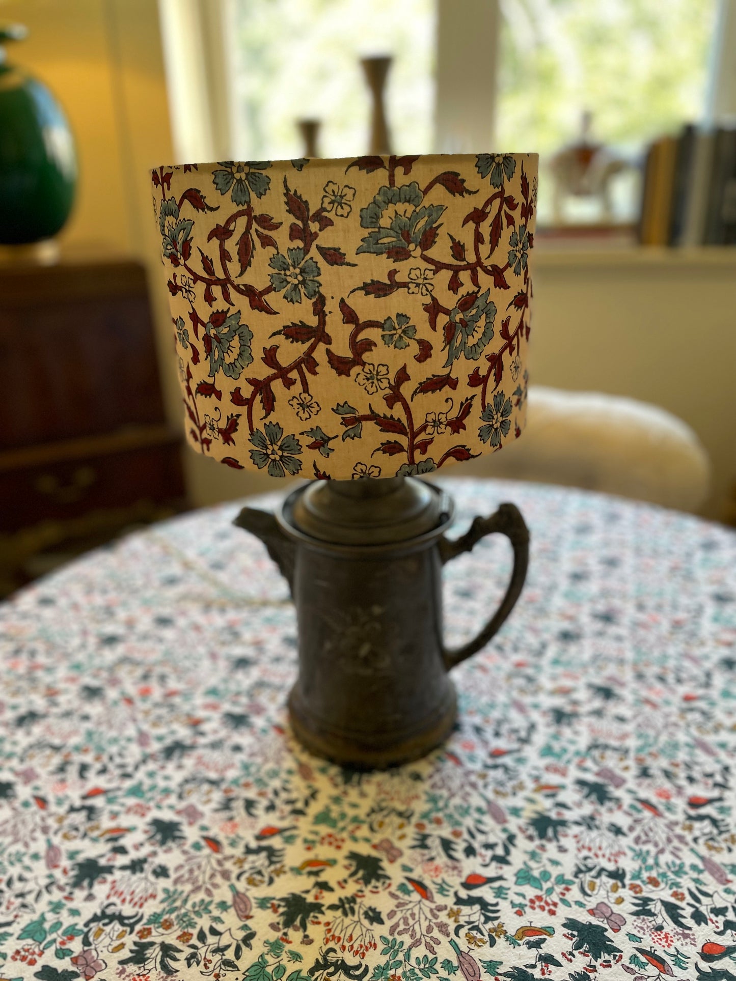 10 inch Drum Lampshade. Indian Hand Block Print. Deep Red and French Blue on Parchment Cotton.