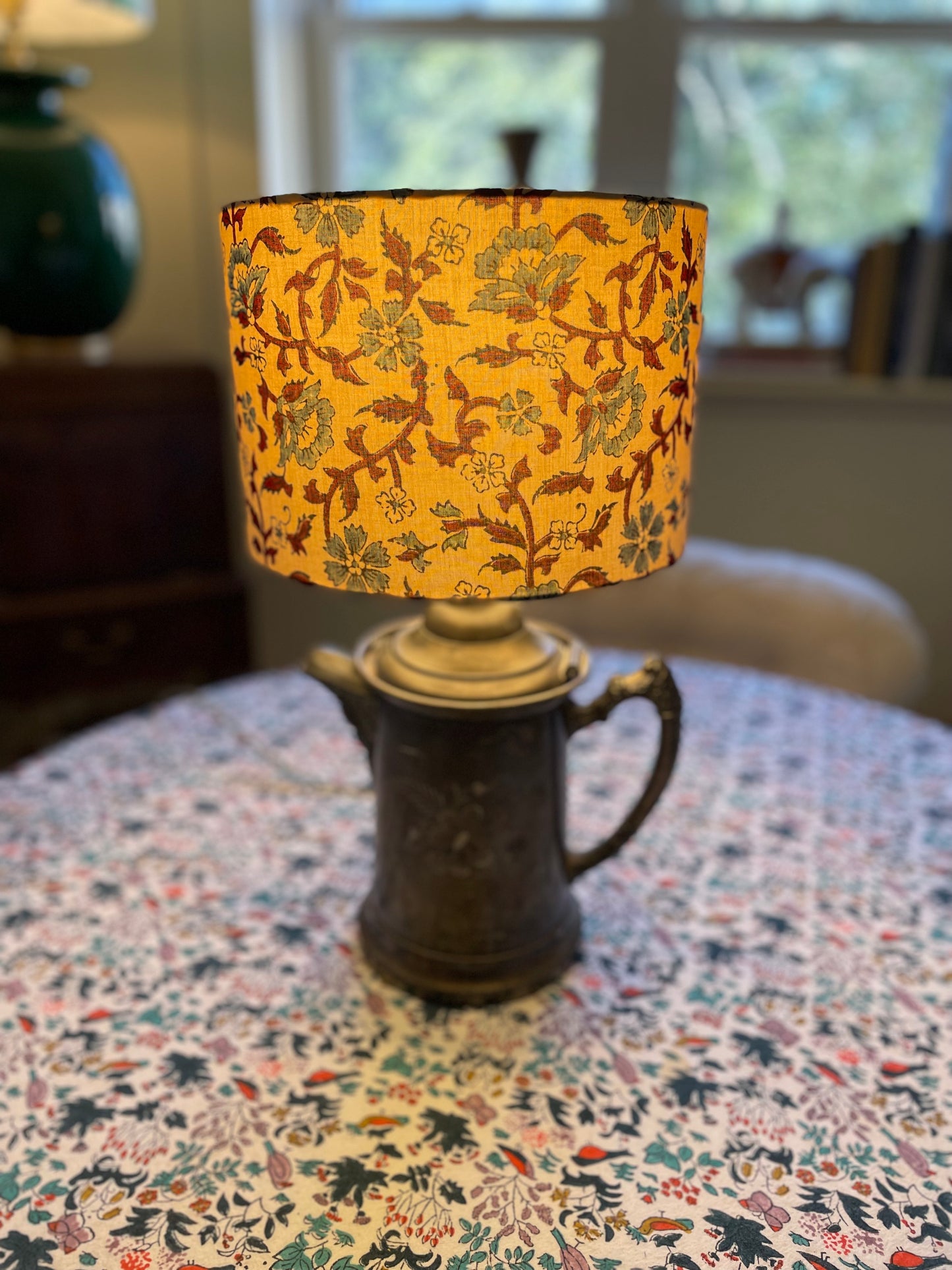 10 inch Drum Lampshade. Indian Hand Block Print. Deep Red and French Blue on Parchment Cotton.
