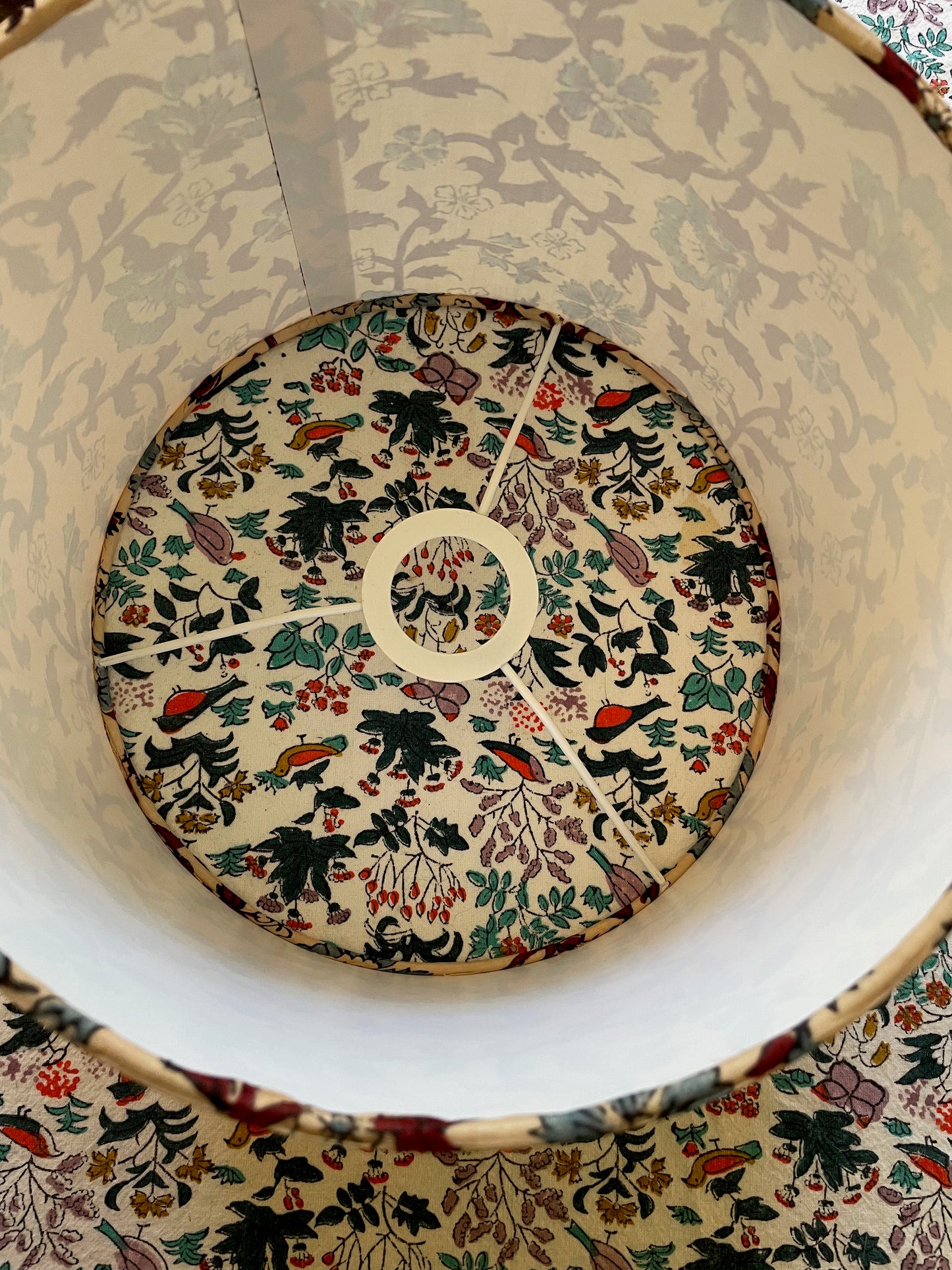10 inch Drum Lampshade. Indian Hand Block Print. Deep Red and French Blue on Parchment Cotton.