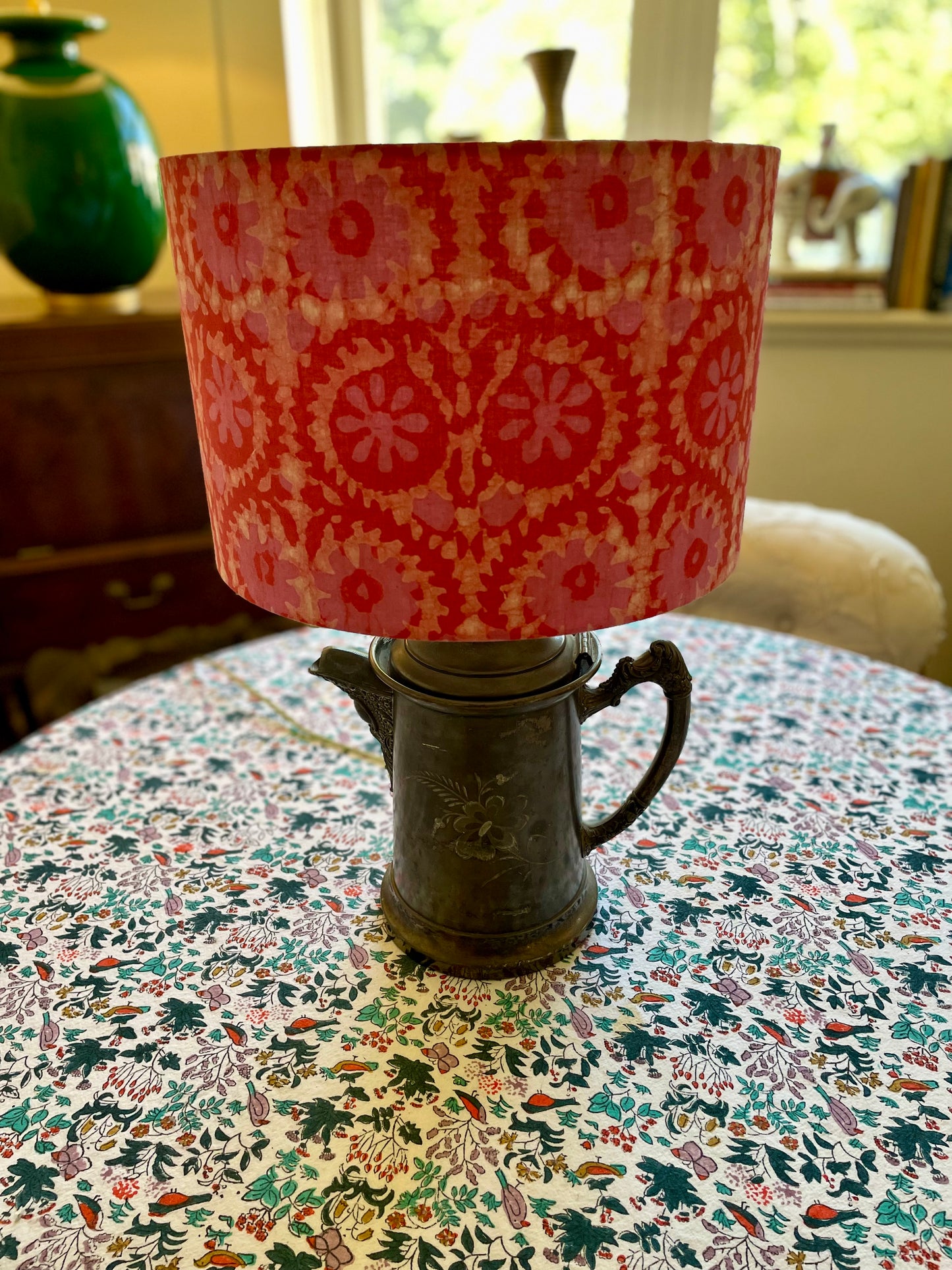 12 Inch Drum Lampshade. Indian Hand Batik Print. Shades of Pink.