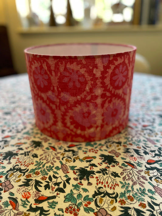 10 inch Drum Lampshade. Indian Hand Batik Print. Shades of Pink.