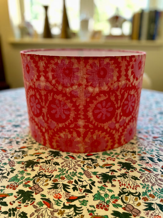 12 Inch Drum Lampshade. Indian Hand Batik Print. Shades of Pink.