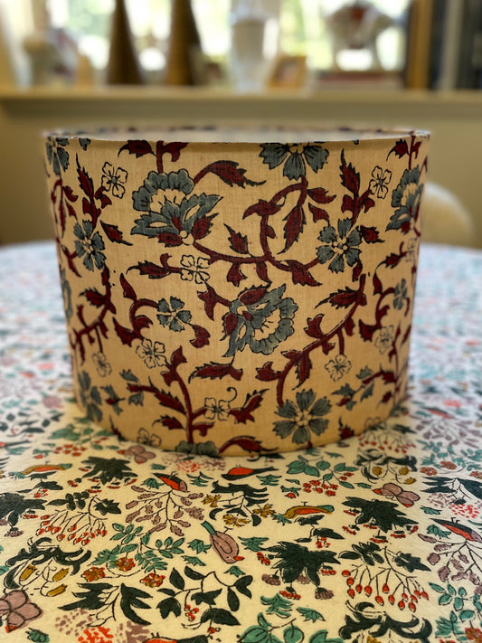 10 inch Drum Lampshade. Indian Hand Block Print. Deep Red and French Blue on Parchment Cotton.