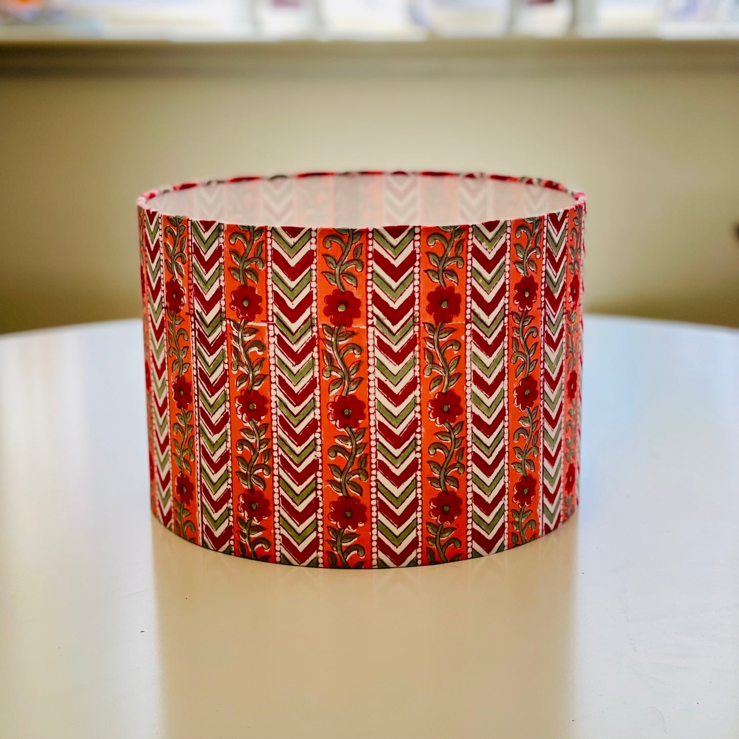 10 inch Drum Lampshade. Indian Hand Block Print. Cherry Red, Pink and Green Sanganeri.