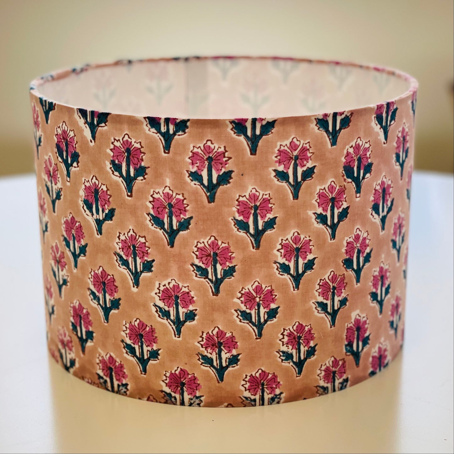 10 inch Drum Lampshade. Indian Hand Block Print. Buff Pink with Taupe and Deep Peacock Floral.