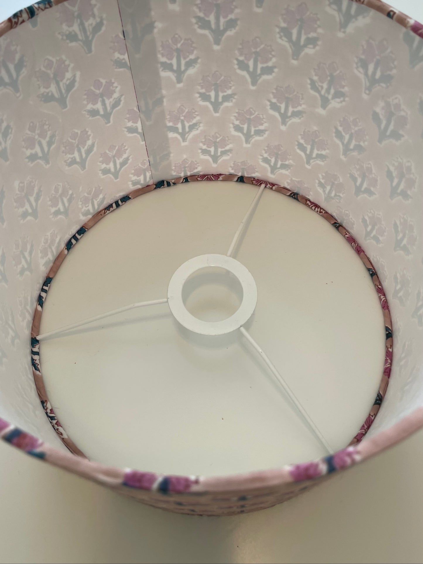 10 inch Drum Lampshade. Indian Hand Block Print. Buff Pink with Taupe and Deep Peacock Floral.