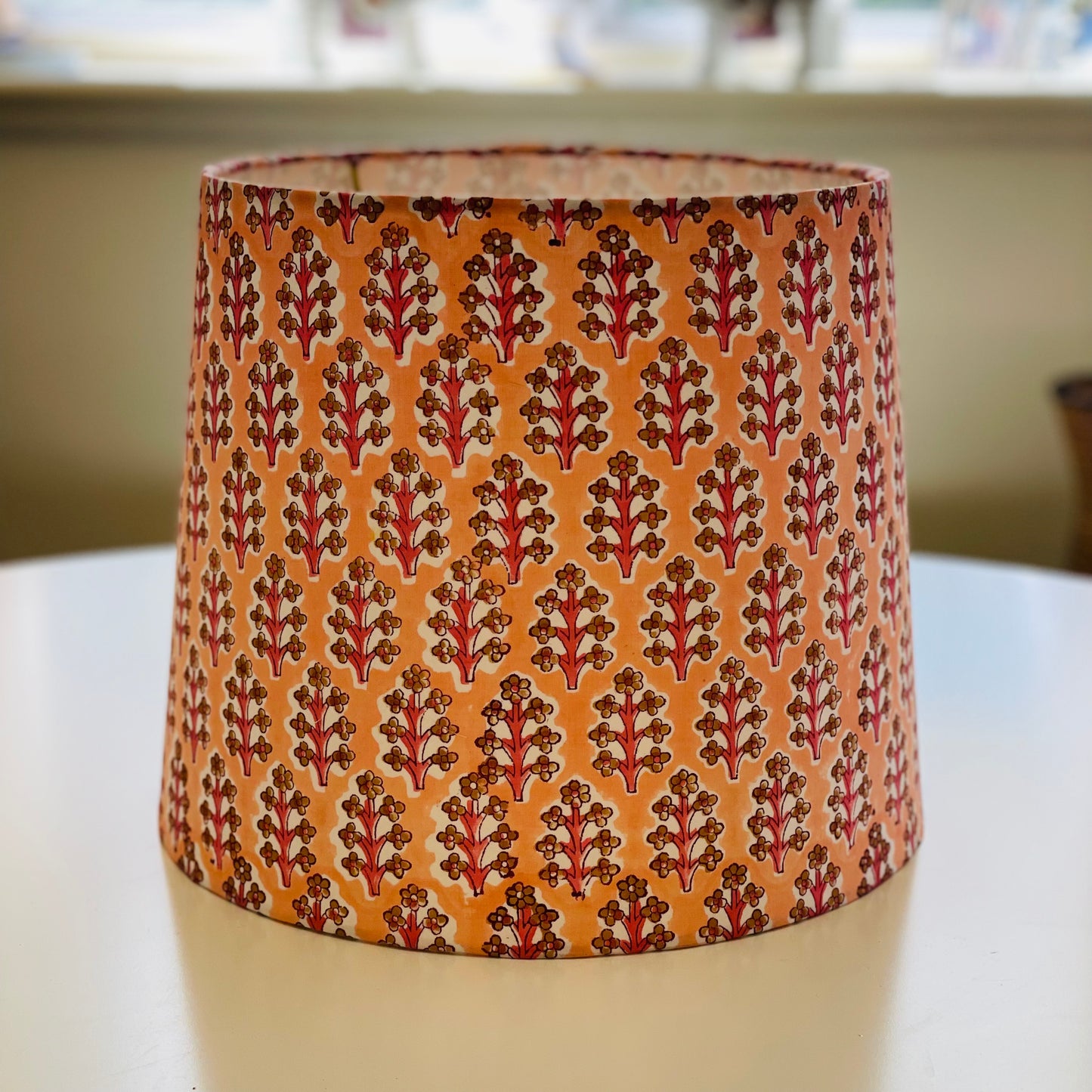 Medium Empire Shade. Indian Hand Block Print. Apricot, Pink, and Taupe.