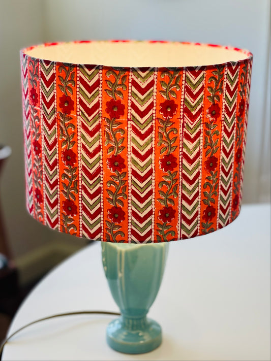 10 inch Drum Lampshade. Indian Hand Block Print. Cherry Red, Pink and Green Sanganeri.