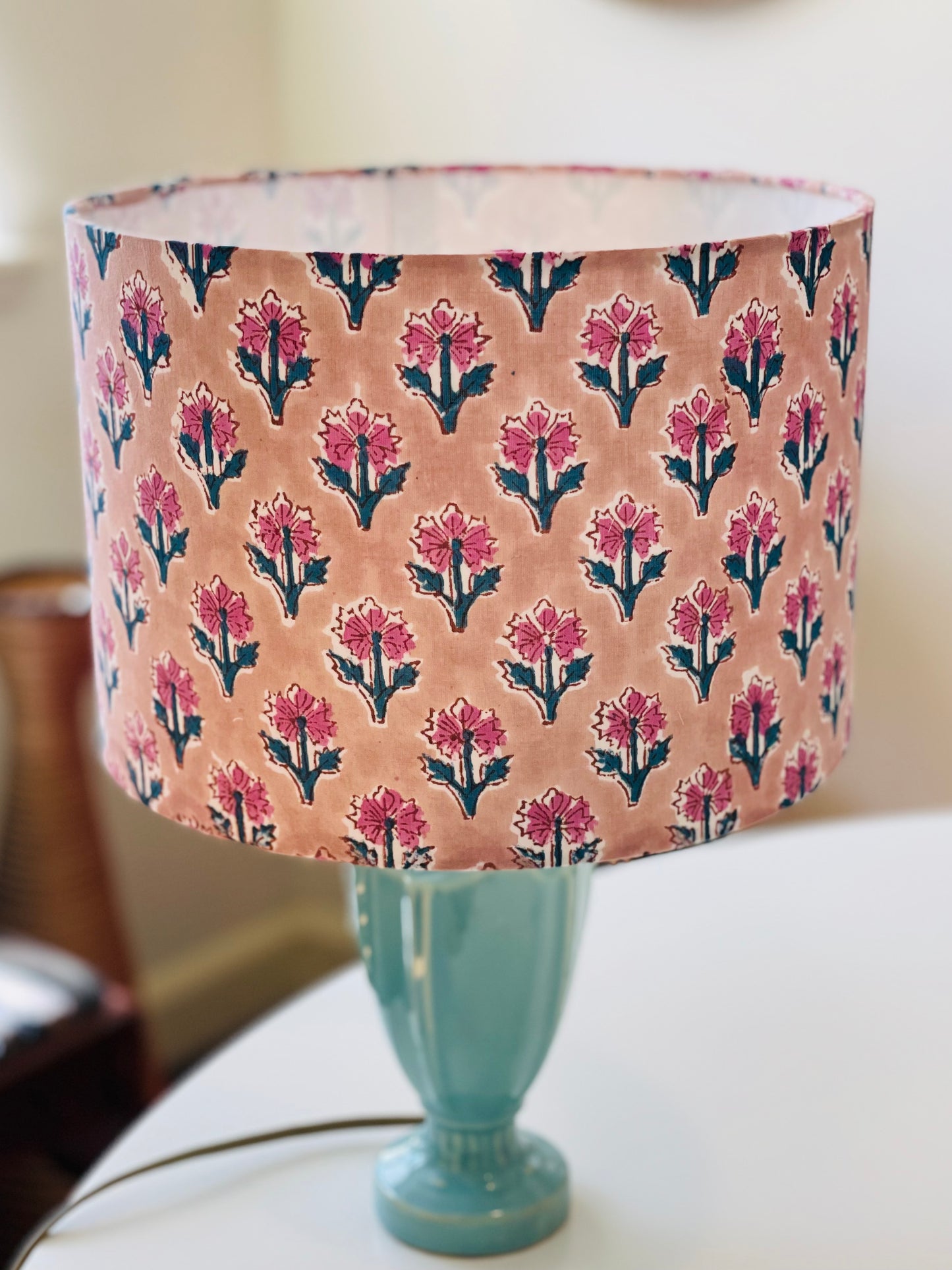 10 inch Drum Lampshade. Indian Hand Block Print. Buff Pink with Taupe and Deep Peacock Floral.