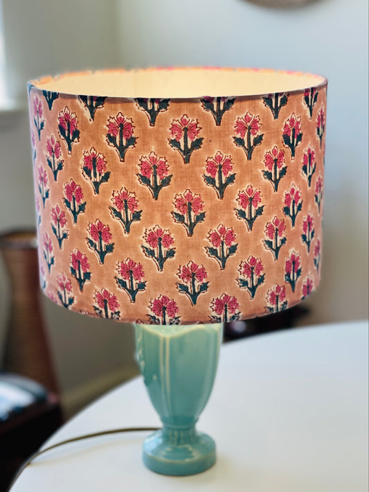 10 inch Drum Lampshade. Indian Hand Block Print. Buff Pink with Taupe and Deep Peacock Floral.