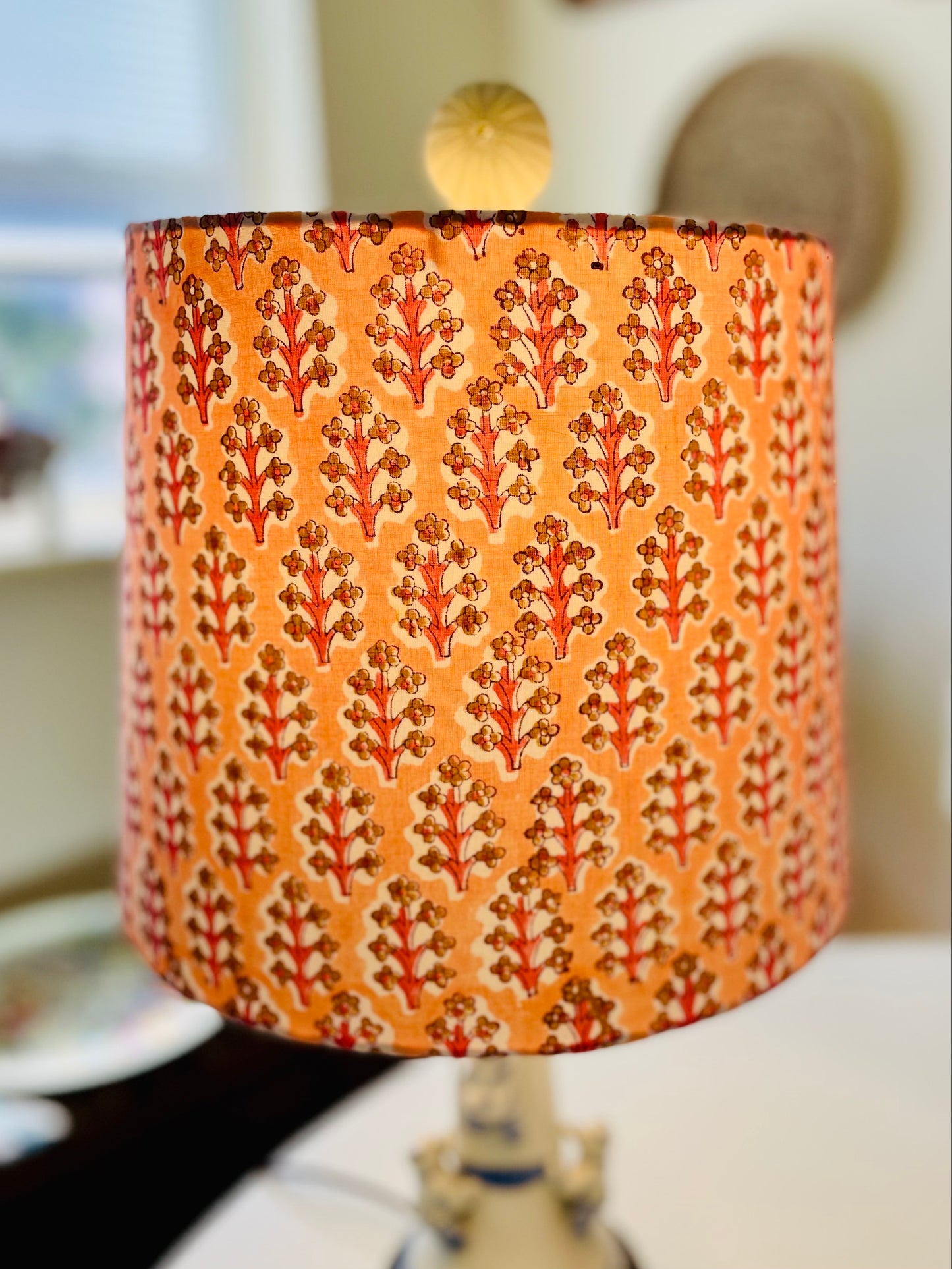 Medium Empire Shade. Indian Hand Block Print. Apricot, Pink, and Taupe.