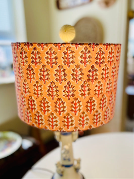 12 Inch Drum Lampshade. Indian Hand Block Print. Apricot, Pink, and Taupe.