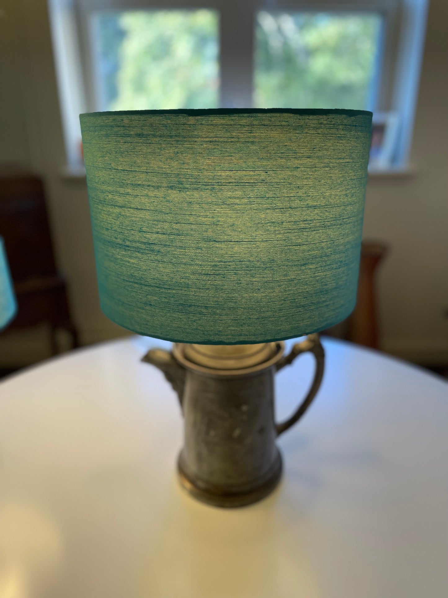 12 Inch Drum Lampshade. Indian Hand Handwoven Raw Silk. Warm Teal Blue with Golden Shimmer.