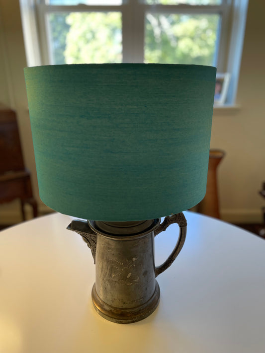 12 Inch Drum Lampshade. Indian Hand Handwoven Raw Silk. Warm Teal Blue with Golden Shimmer.