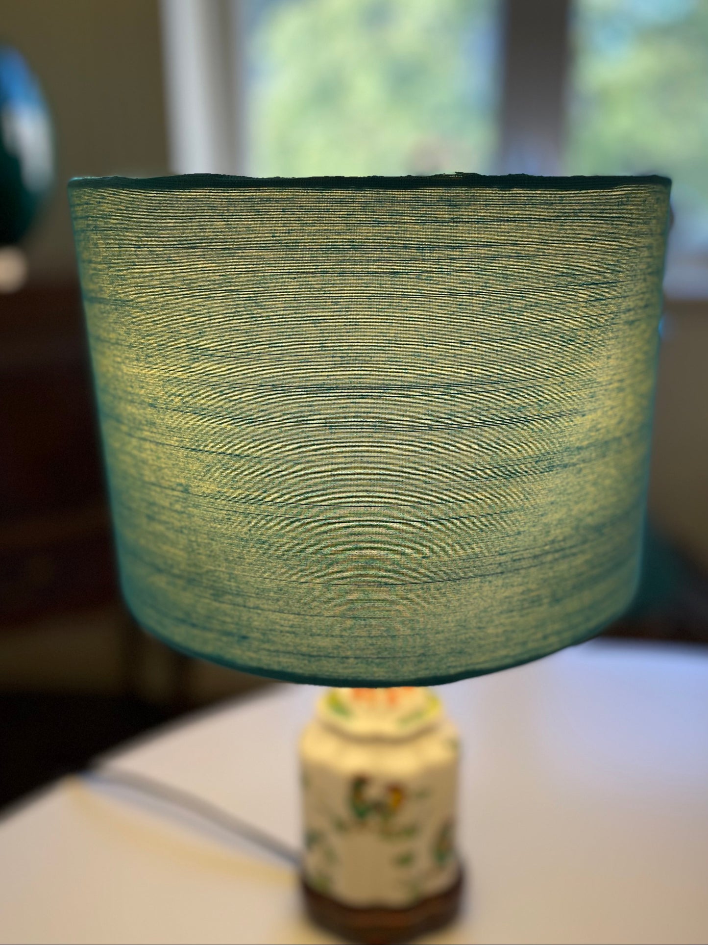 10 inch Drum Lampshade. Indian Hand Handwoven Raw Silk. Warm Teal Blue with Golden Shimmer.