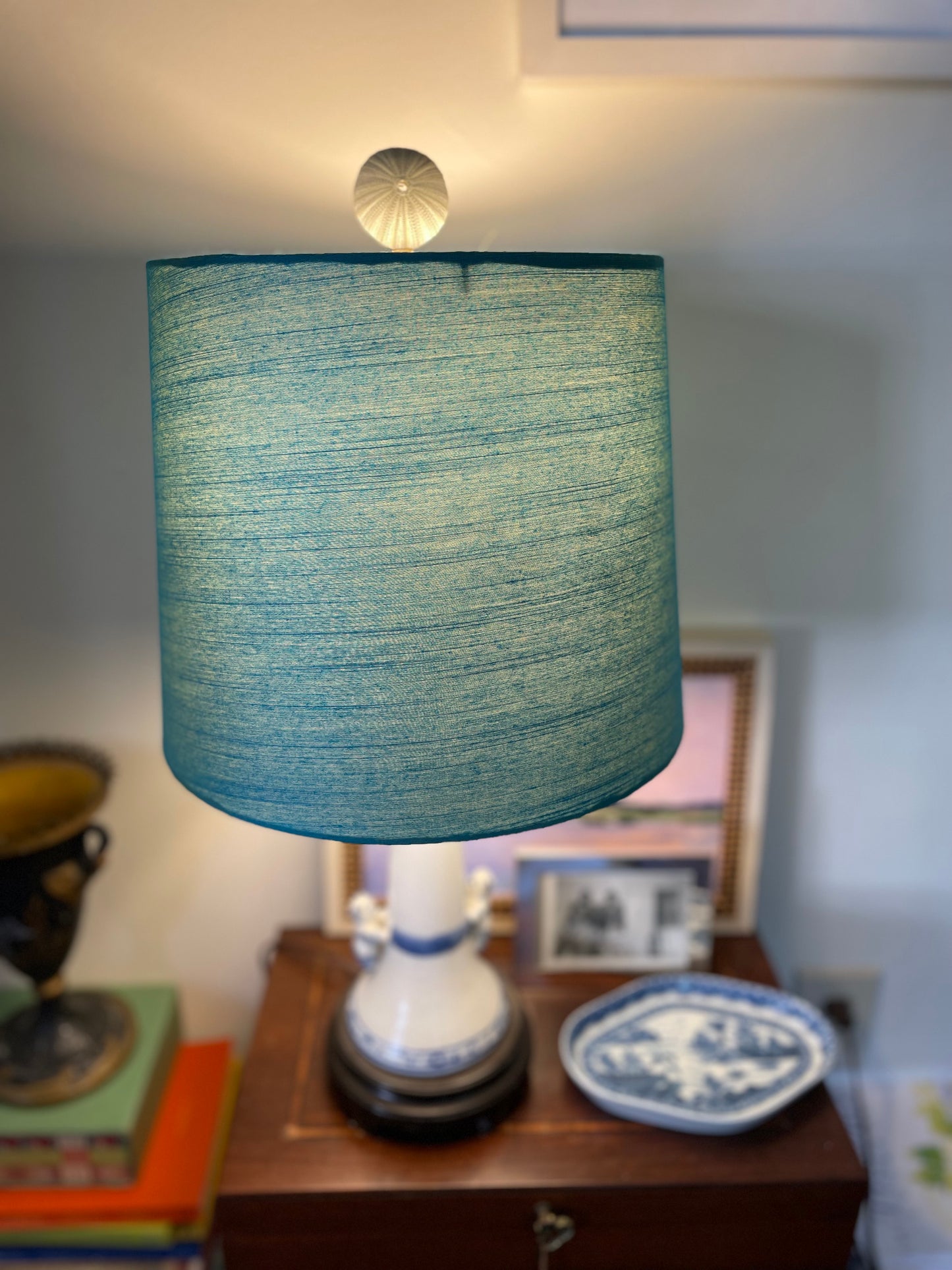 Medium Empire Shade. Indian Hand Handwoven Raw Silk. Warm Teal Blue with Golden Shimmer.