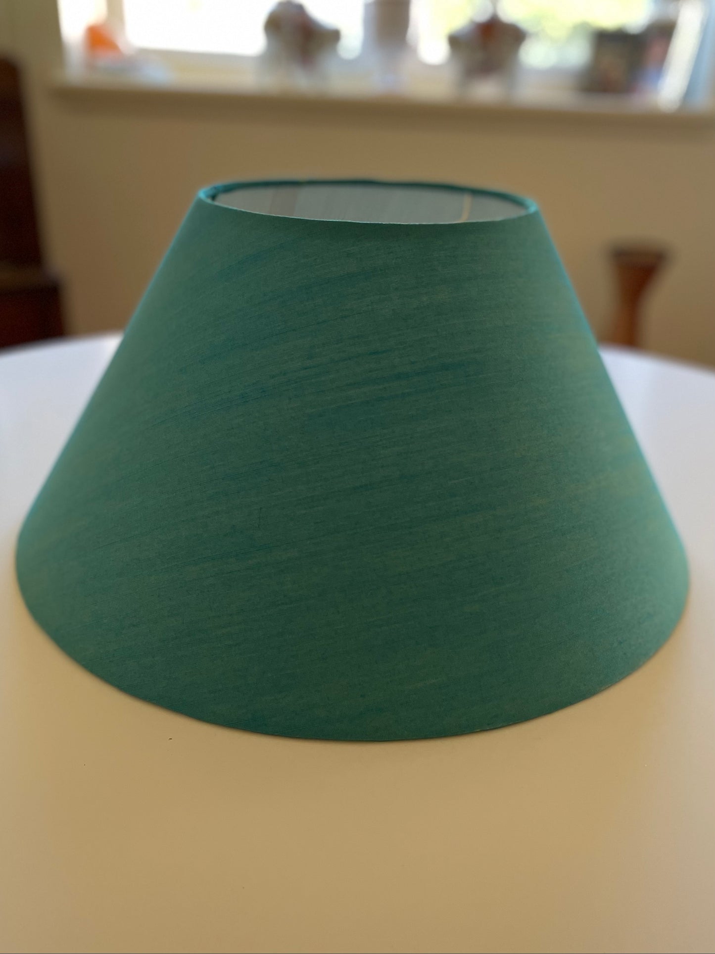 Large Conical Lampshade. Indian Hand Handwoven Raw Silk. Warm Teal Blue with Golden Shimmer.