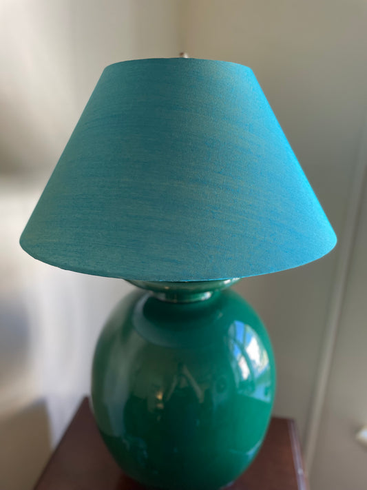 Large Conical Lampshade. Indian Hand Handwoven Raw Silk. Warm Teal Blue with Golden Shimmer.