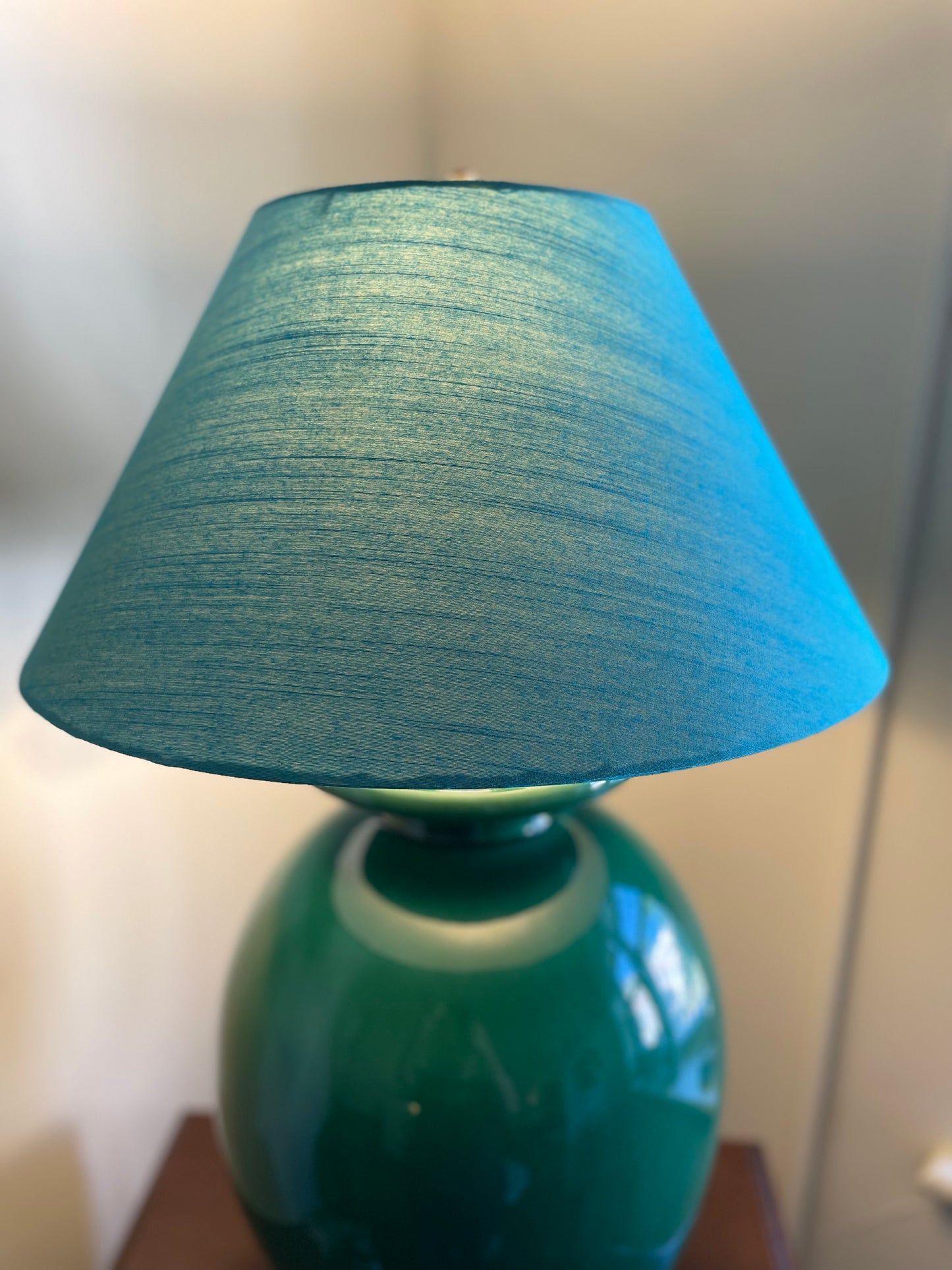 Large Conical Lampshade. Indian Hand Handwoven Raw Silk. Warm Teal Blue with Golden Shimmer.