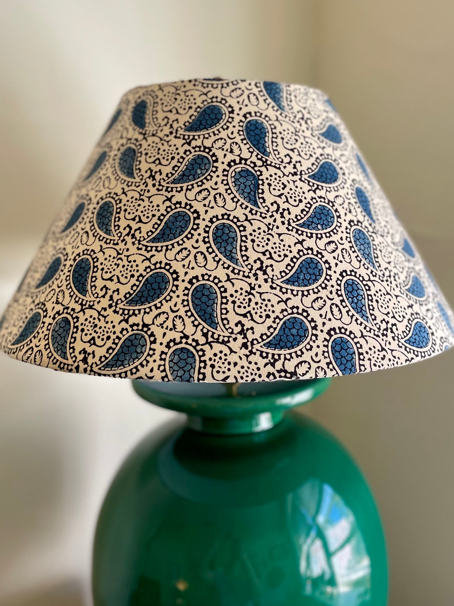 Large Conical Lampshade. Indian Ajrakh Hand Print. Dark French Blue Paisley on Parchment.