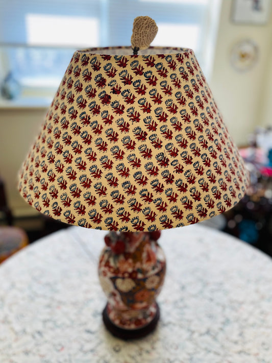 Large Conical Lampshade. Sanganeri Hand Block print from India. Slate Blue and Deep Scarlet Floral on Ivory.