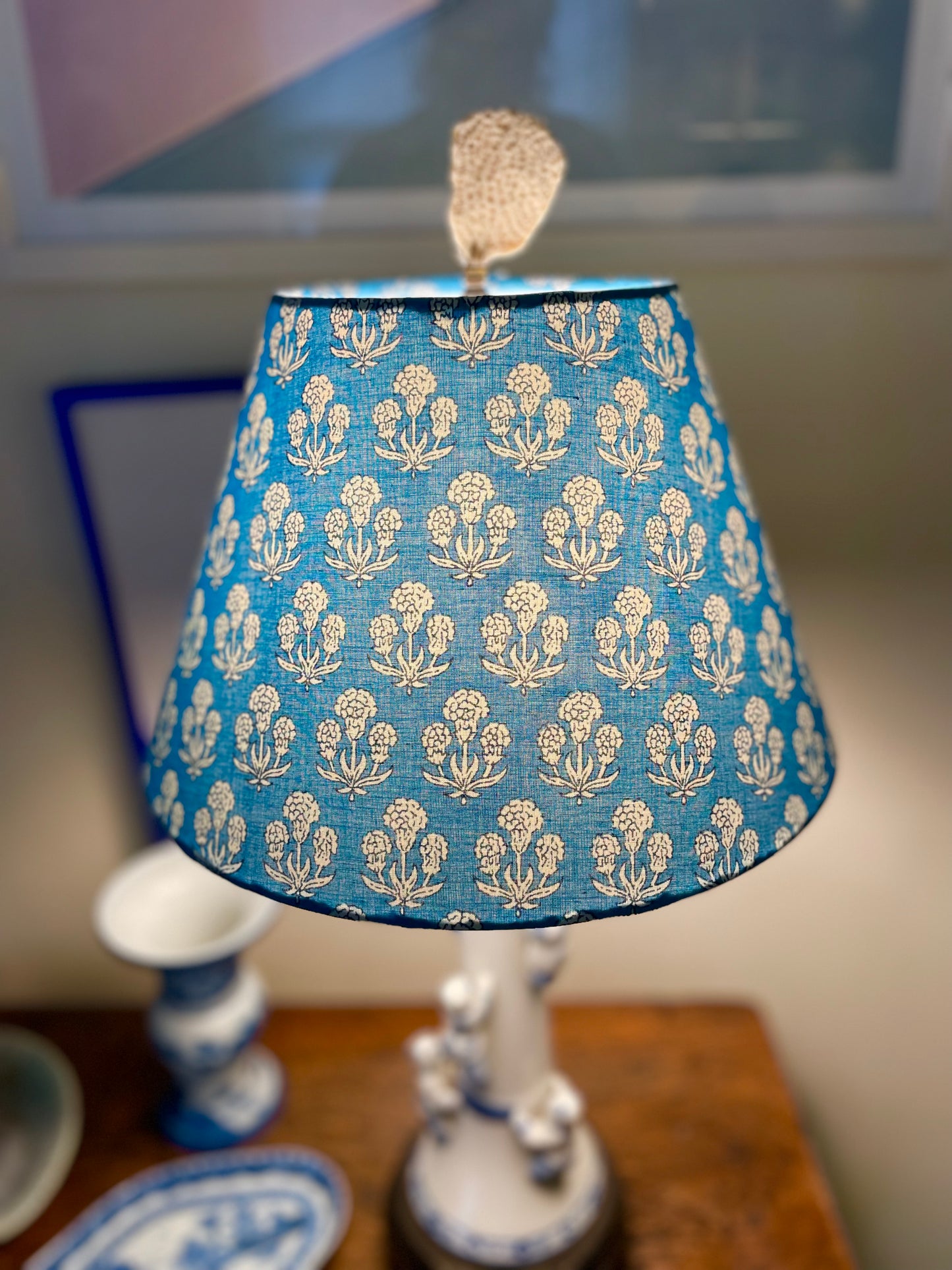 Small Conical Lampshade. Teal and White Indian Floral.