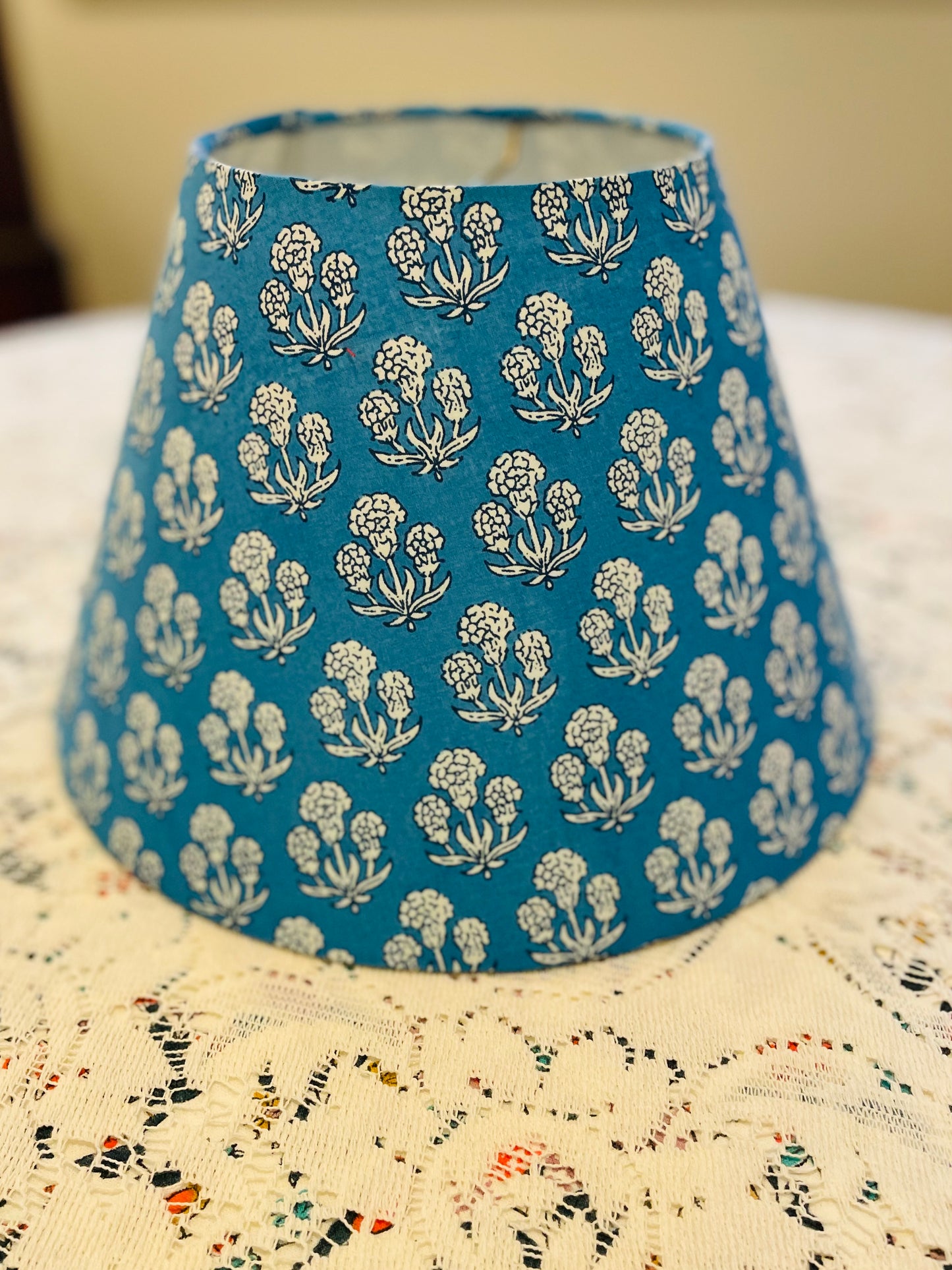 Small Conical Lampshade. Teal and White Indian Floral.