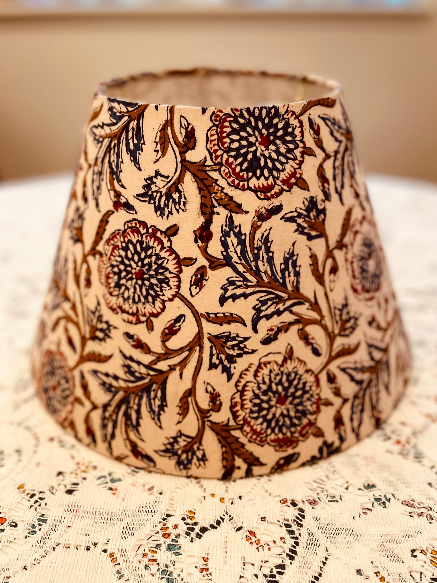 Small Conical Lampshade. Kalamkari Hand Block Print. Navy, Chestnut, and Parchment.