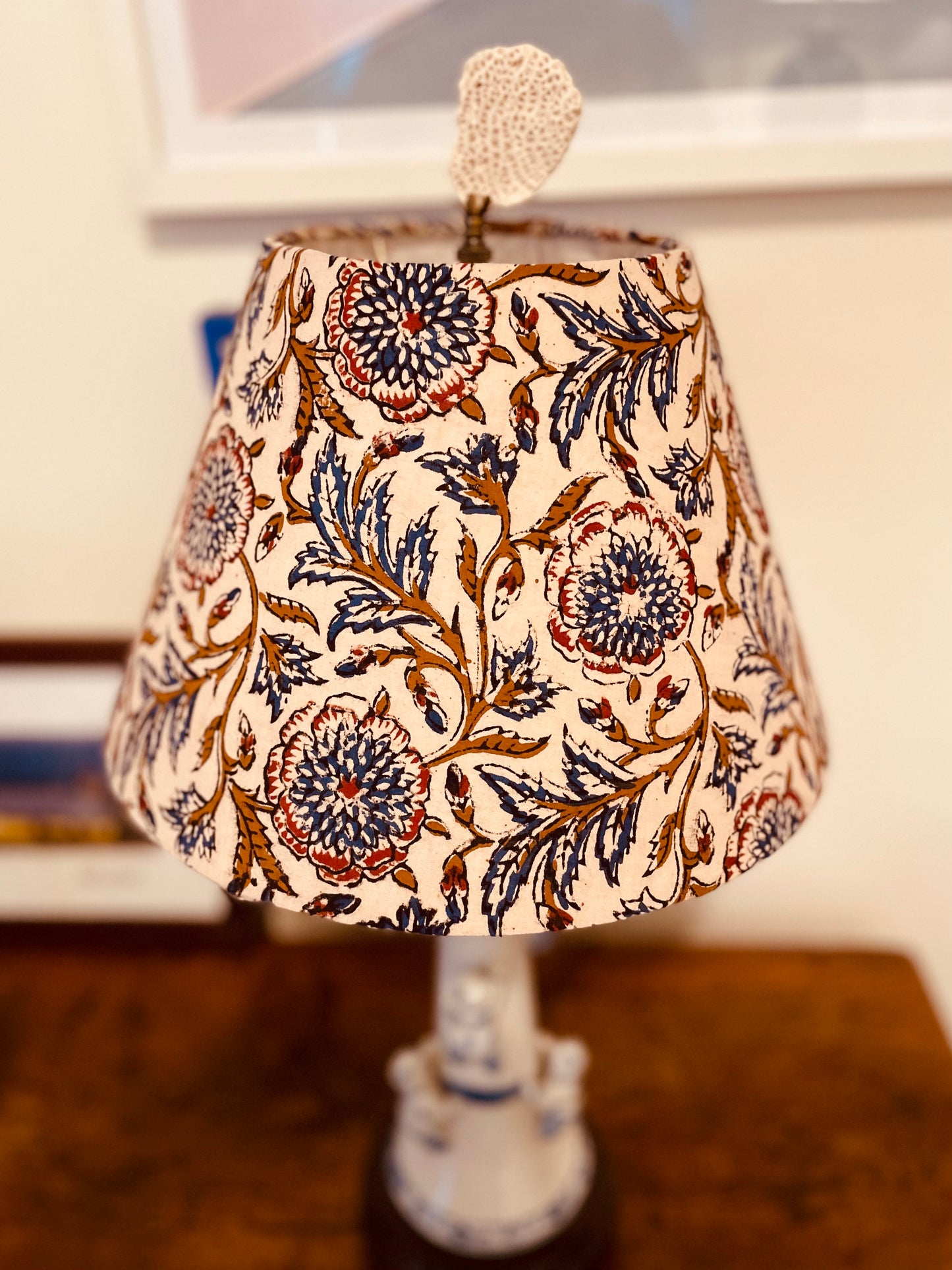 Small Conical Lampshade. Kalamkari Hand Block Print. Navy, Chestnut, and Parchment.