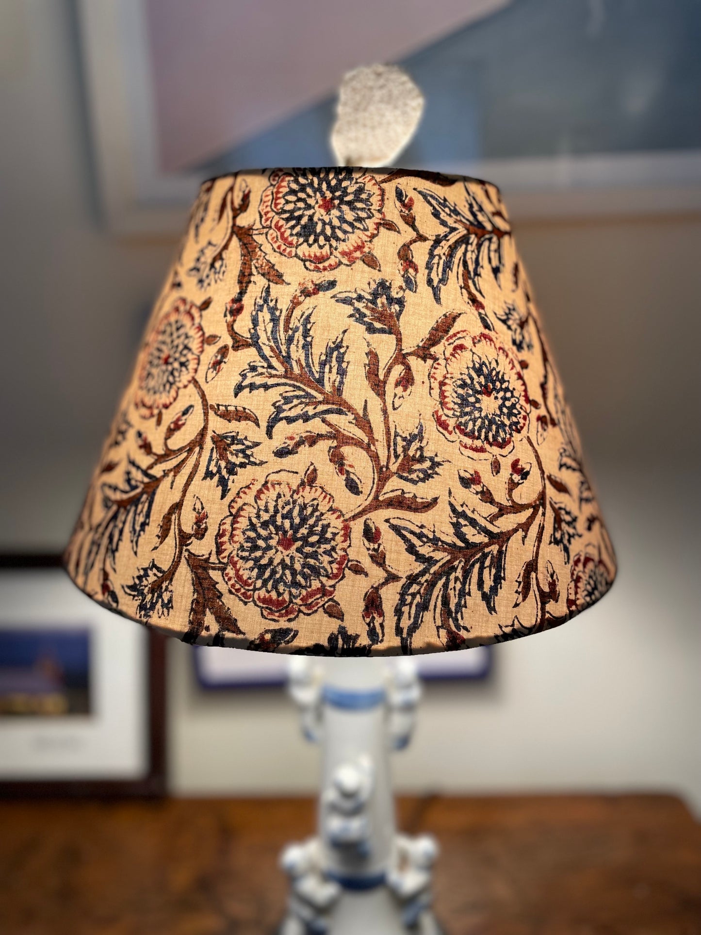 Small Conical Lampshade. Kalamkari Hand Block Print. Navy, Chestnut, and Parchment.