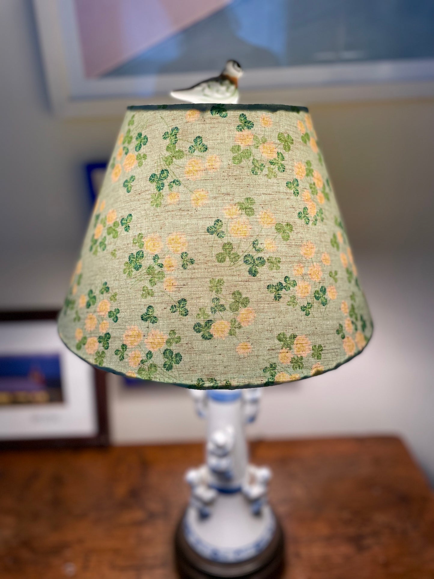 Small Conical Lampshade. Sweet Japanese Floral. Cream and Pale Blue.