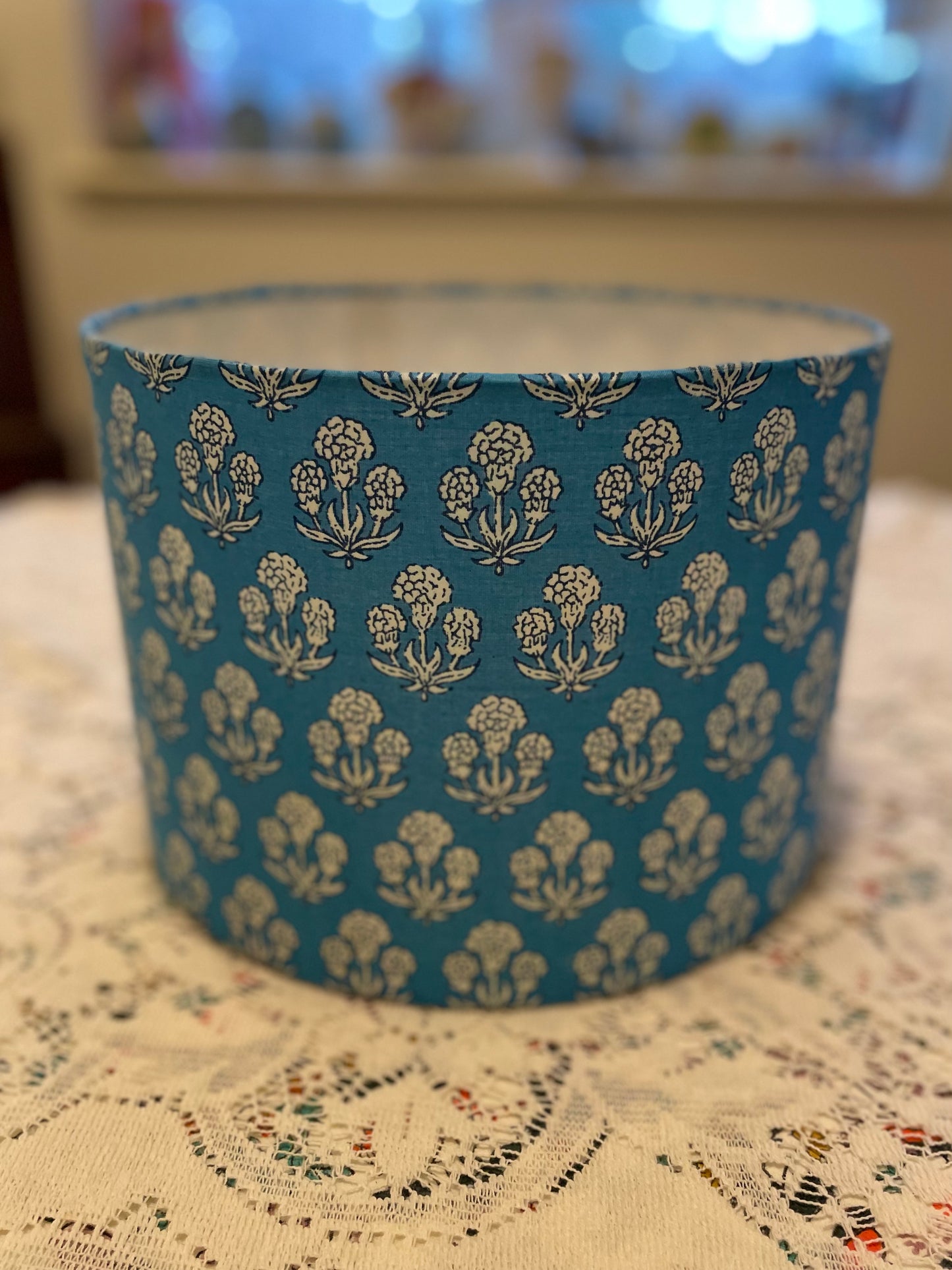 10 inch Drum Lampshade. Teal and White Indian Floral.