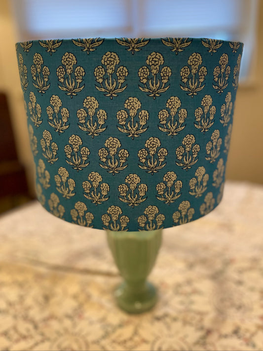 10 inch Drum Lampshade. Teal and White Indian Floral.