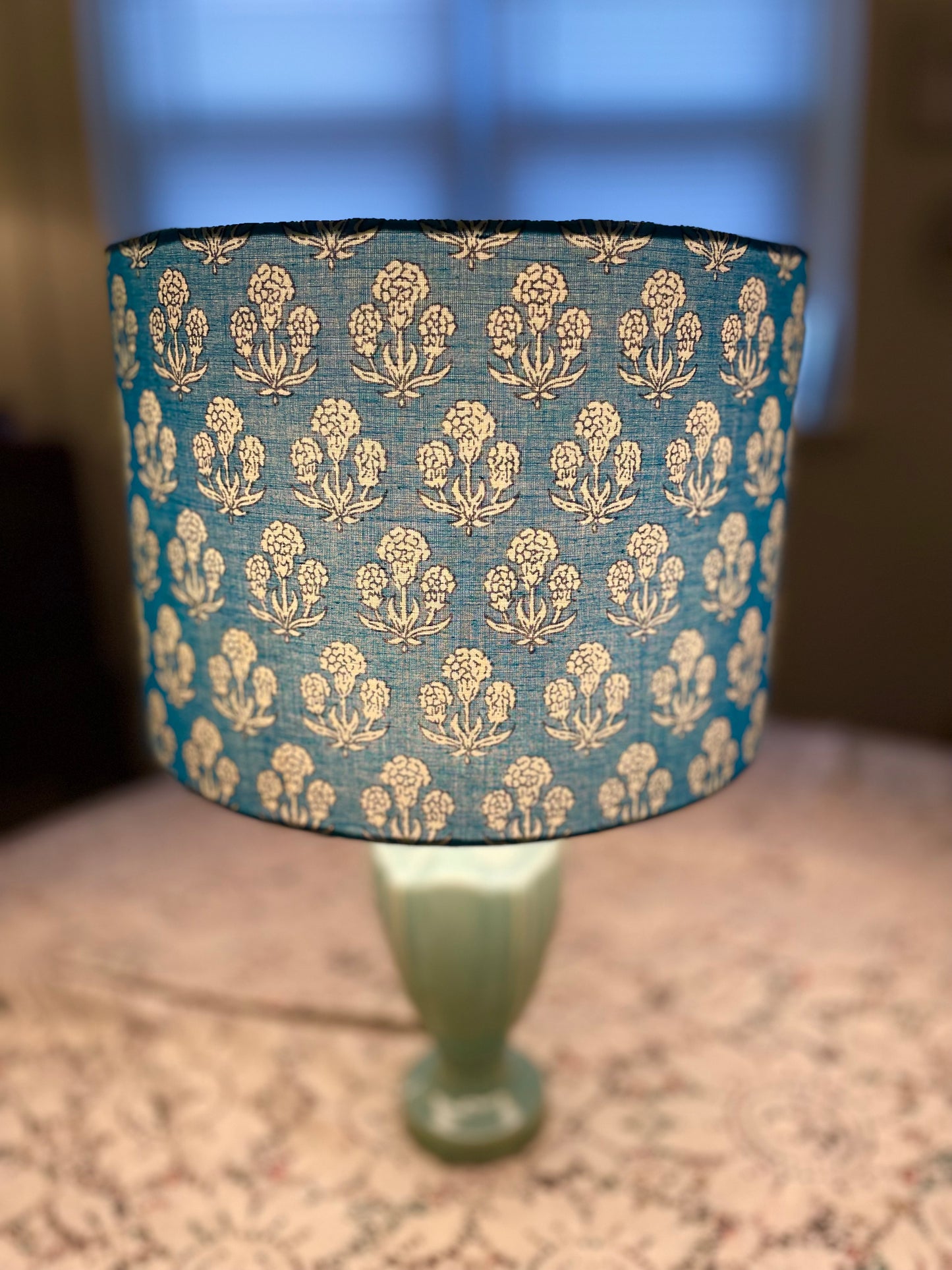 10 inch Drum Lampshade. Teal and White Indian Floral.