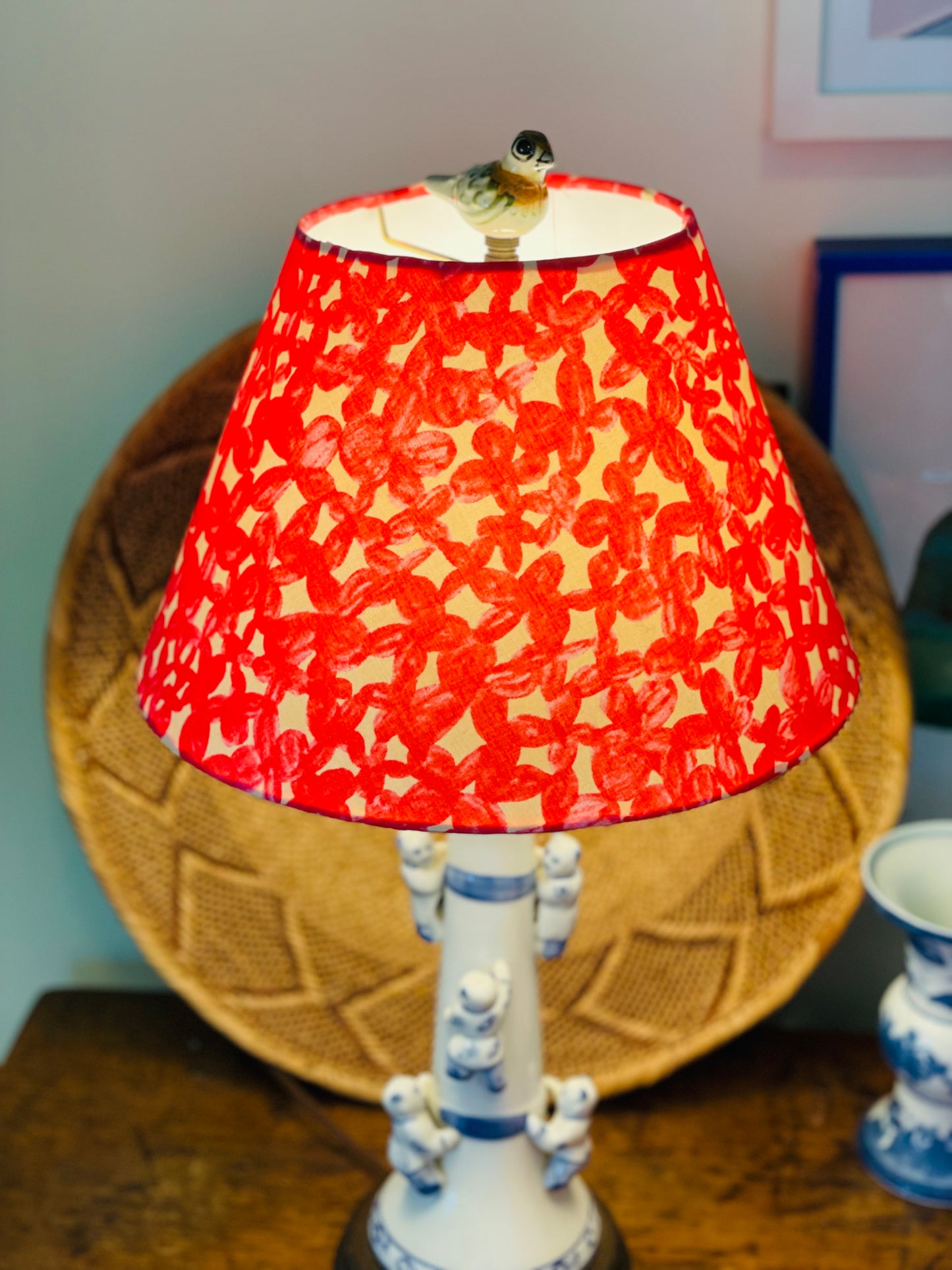 Small Conical Lampshade. Vibrant Japanese Print- Hot Pink and Pale Apricot.