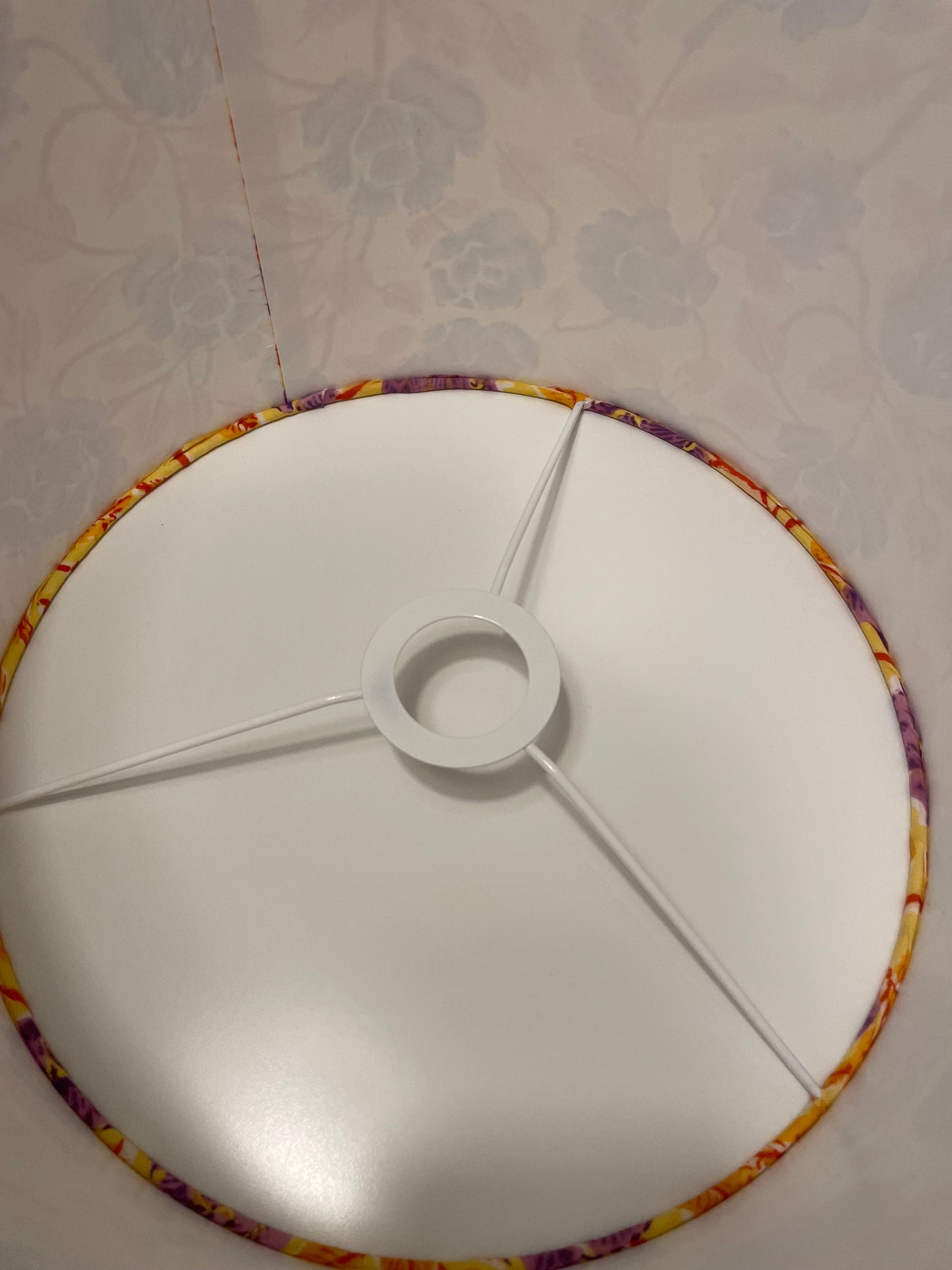 12 Inch Drum Shade. Sanganeri Hand Block Print from India. Pale Saffron with Ginger and Purple Blossoms.