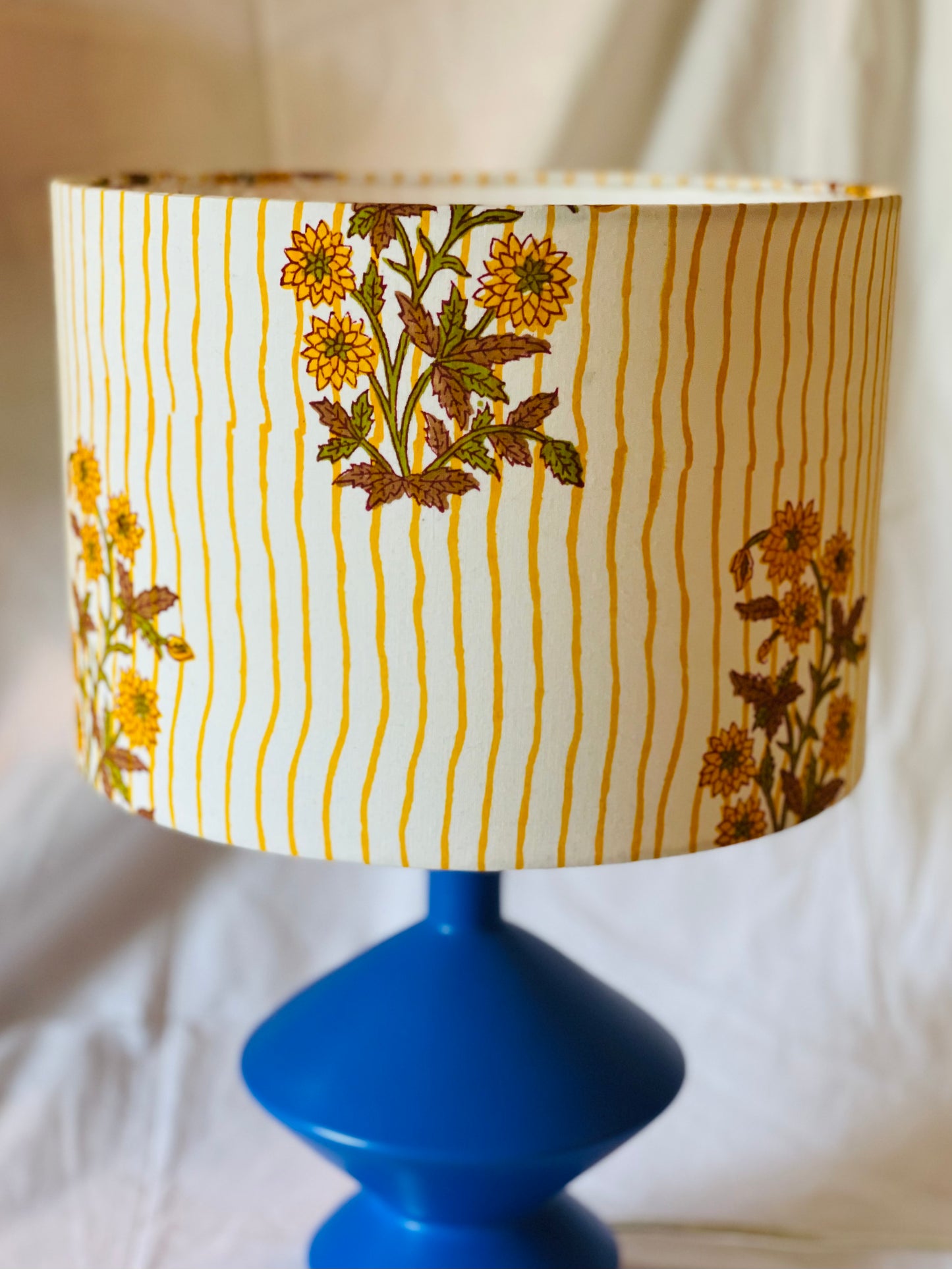10 inch Drum Lampshade. Indian Block print from Jaipur. Harvest Gold, Ginger, and Olive Floral Stripe.
