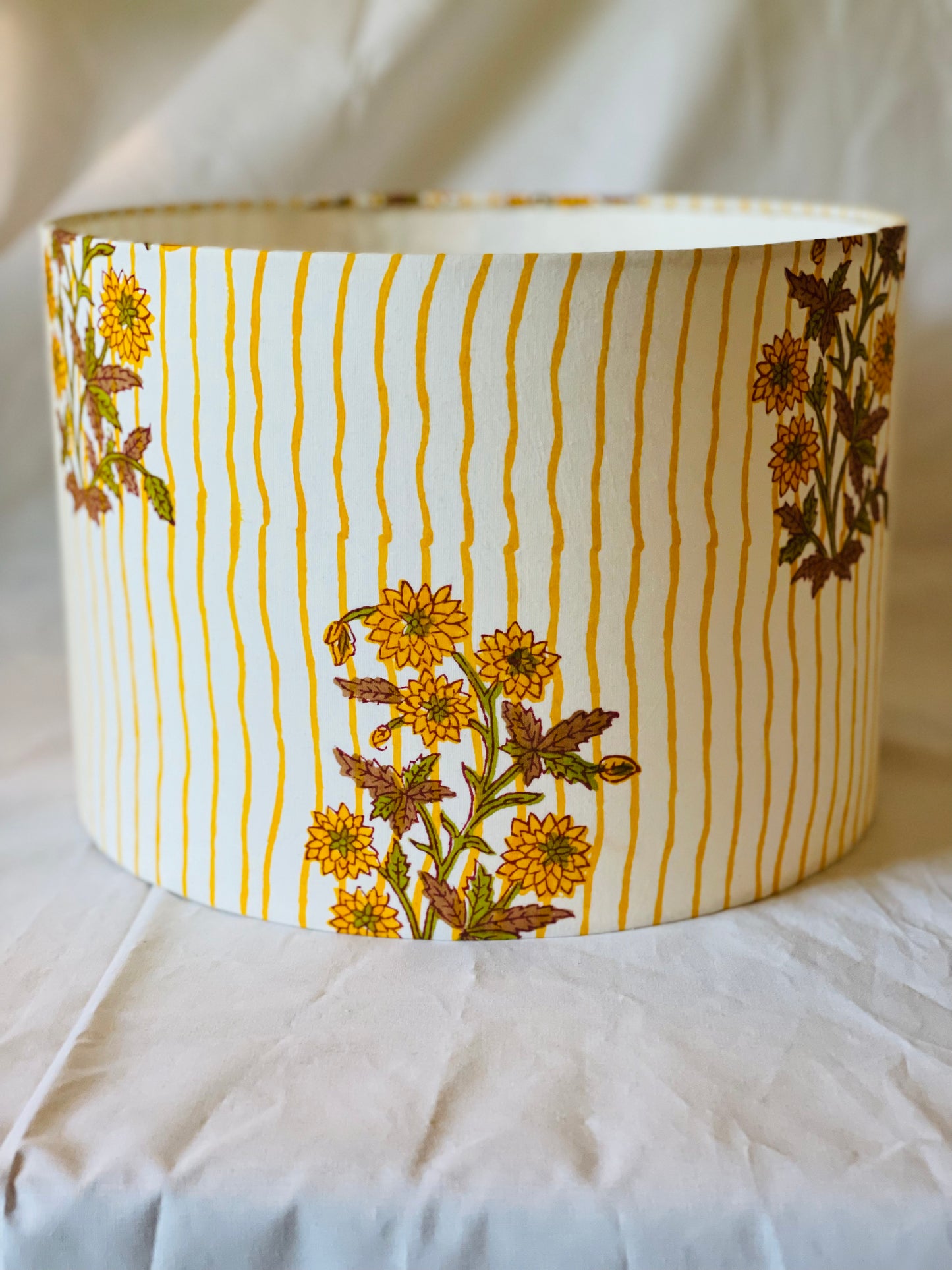 10 inch Drum Lampshade. Indian Block print from Jaipur. Harvest Gold, Ginger, and Olive Floral Stripe.