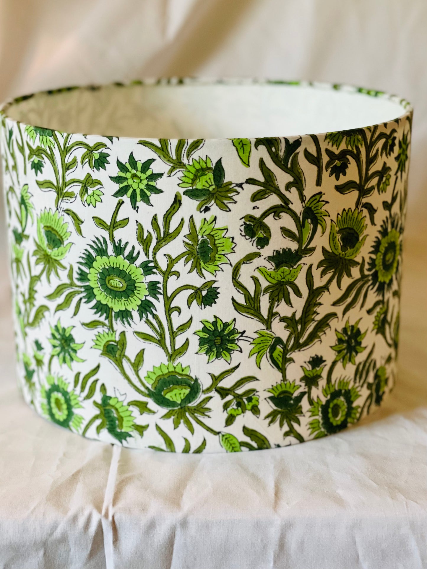 10 inch Drum Lampshade. Indian Block print from Jaipur. Pistachio, Olive Green, and Avocado Floral Motif.