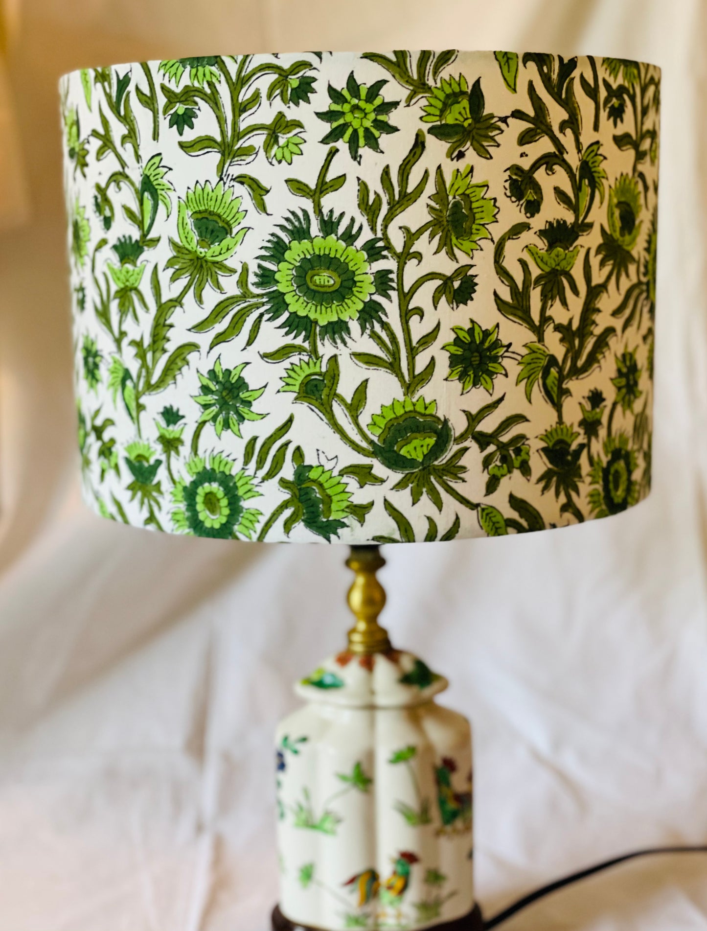 10 inch Drum Lampshade. Indian Block print from Jaipur. Pistachio, Olive Green, and Avocado Floral Motif.