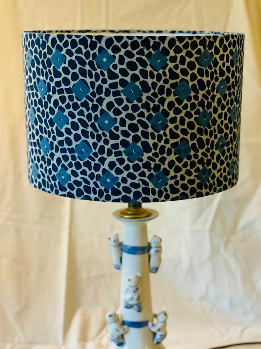 12 Inch Drum Lampshade. Indigo Batik Floral. Playful Cheetah with Geometric Block.