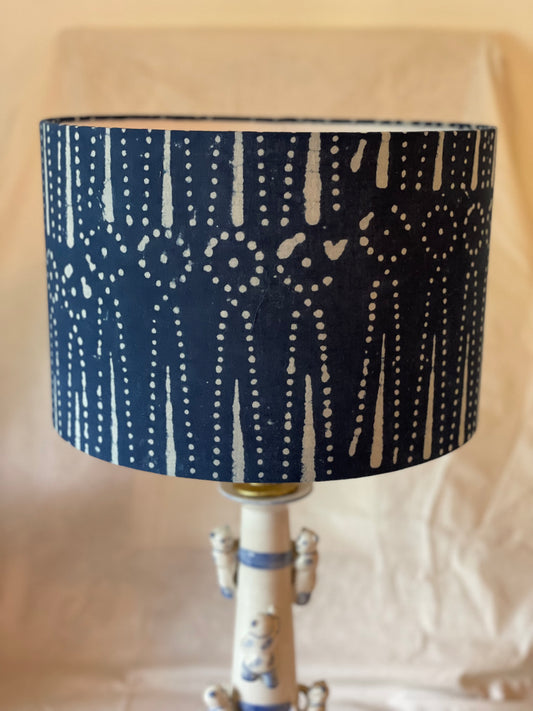 12 Inch Drum Lampshade. Indigo Hand Batik. Dot and Arrow Motif.