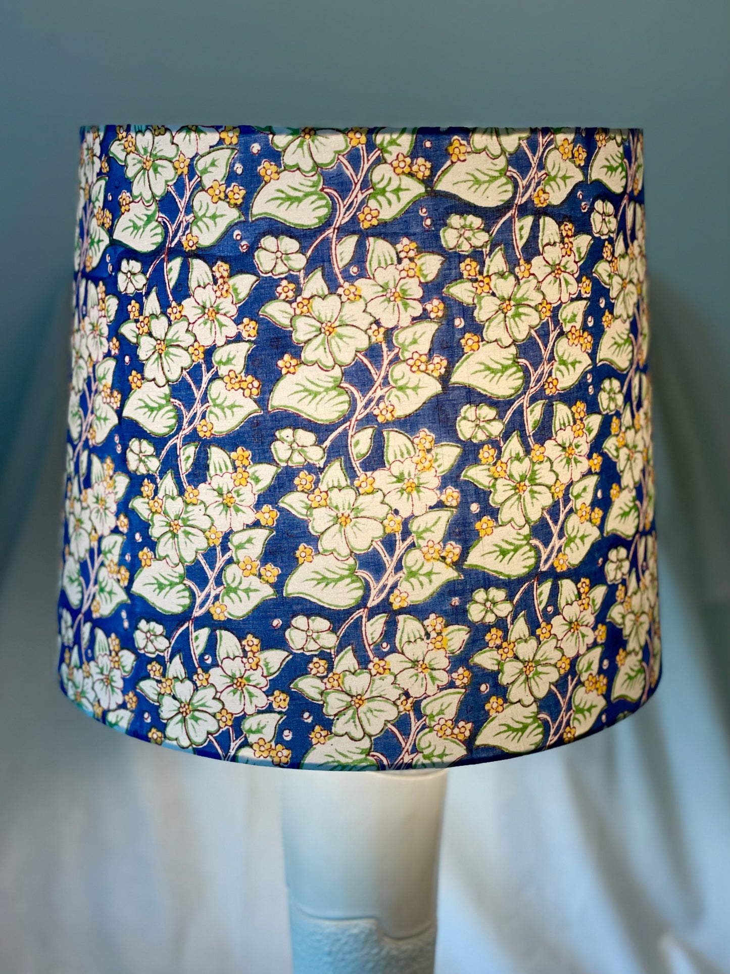 Large Empire Shade. 11.75 x 13.75 x 11.75. Indian Hand Block Print. Cobalt, Banana Yellow, and Ivory Floral.