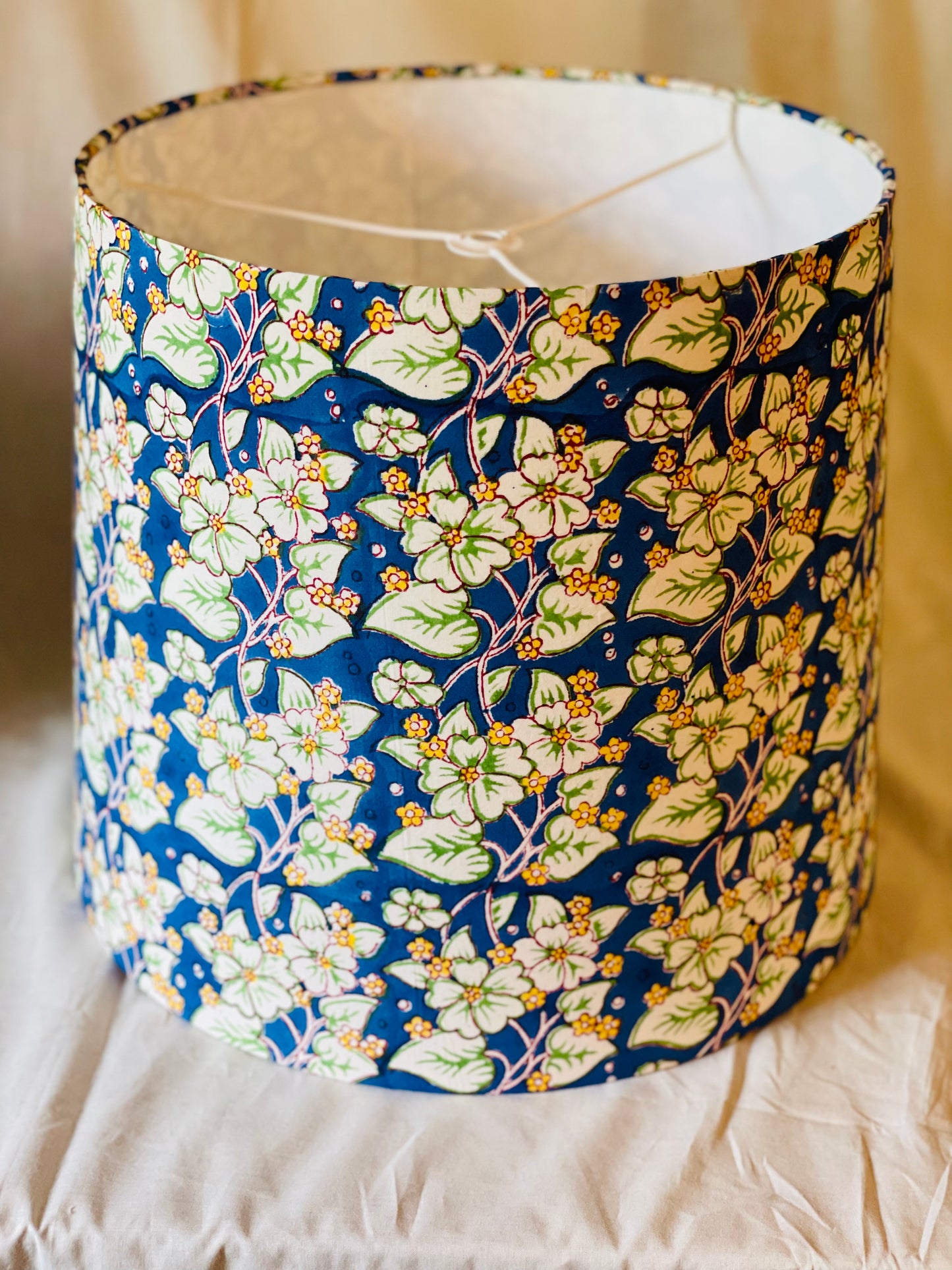 Large Empire Shade. 11.75 x 13.75 x 11.75. Indian Hand Block Print. Cobalt, Banana Yellow, and Ivory Floral.