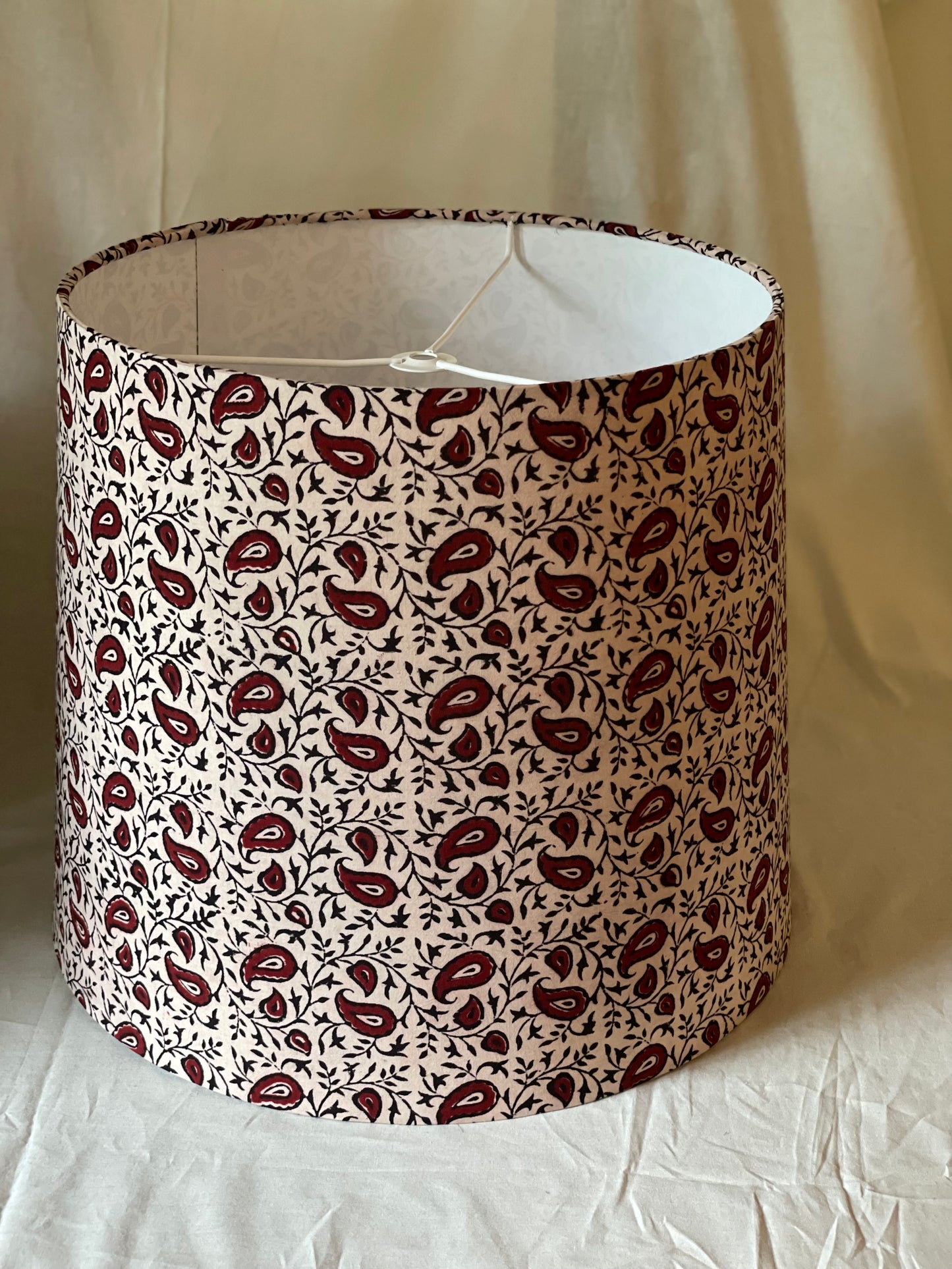 Large Empire Shade. 11.75 x 13.75 x 11.75. Indian Block Print from Bagh. Maroon and Licorice Paisley Pattern on Ivory.