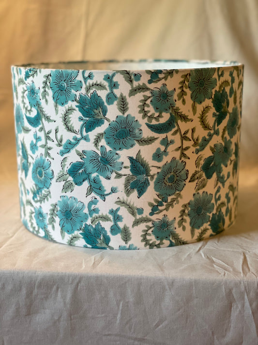 12 Inch Drum Lampshade. Sanganeri Indian Block Print. Shades of Turquoise and Grayish Green.