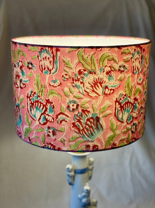 12 Inch Drum Lampshade. Sanganeri Indian Block Print. Light Coral, Deep Rose, Turquoise, and Sea Green.